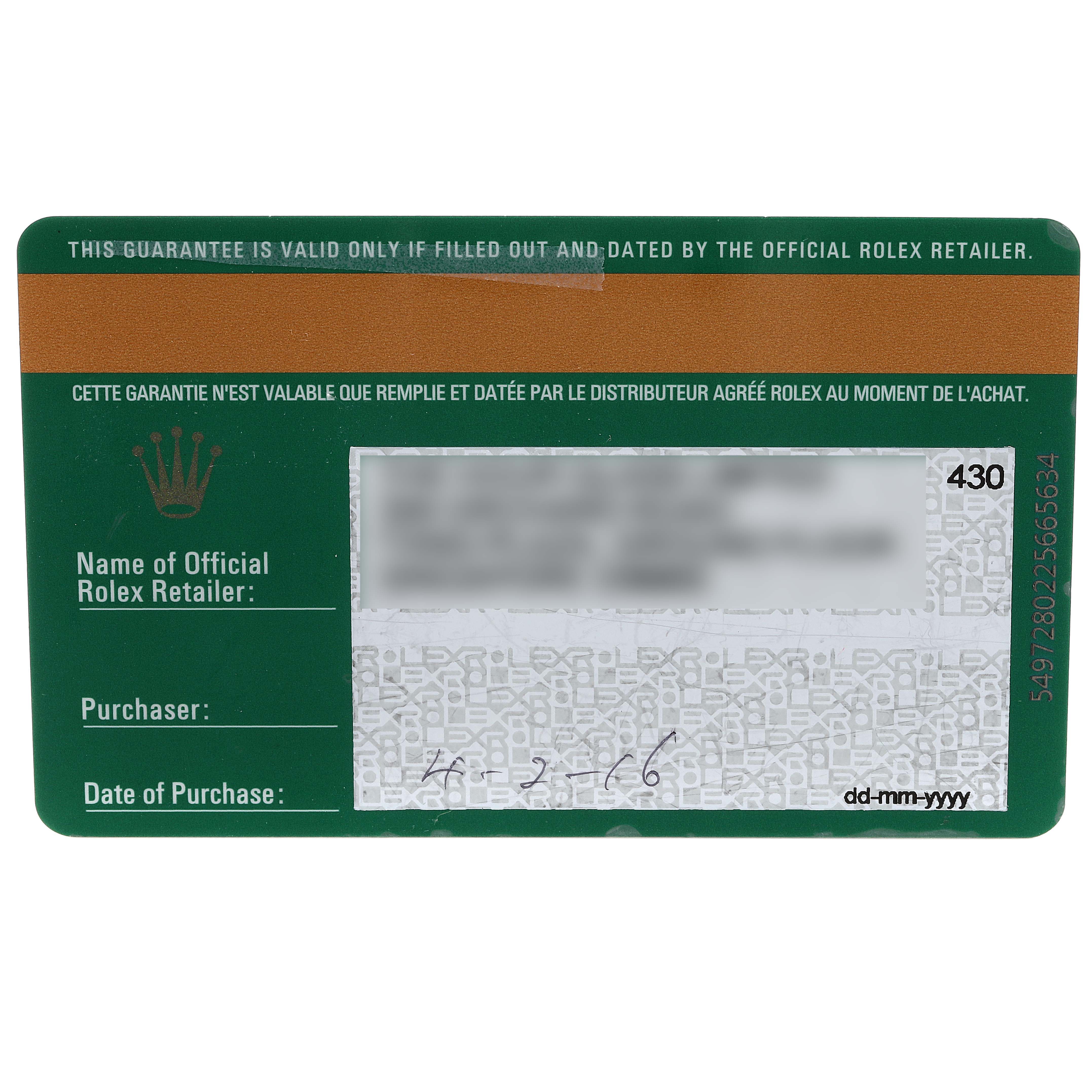 The image shows the warranty card for a Rolex Submariner 114060 Men's Stainless Steel Black Dial 114060 Men's Stainless Steel Black Dial, displaying the retailer's and purchaser's information along with the purchase date.