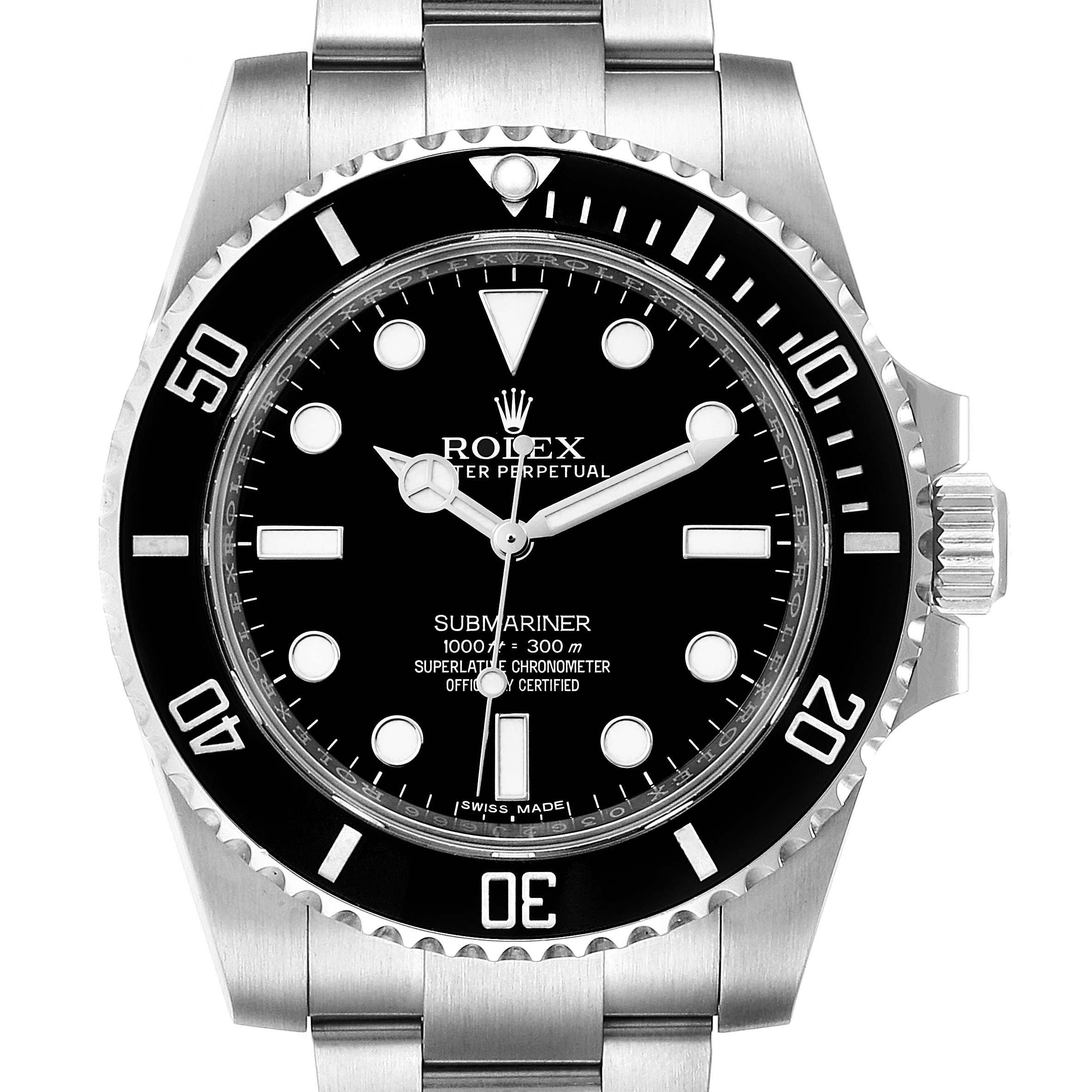 The image shows a front view of the Rolex Submariner 114060 Men's Stainless Steel Black Dial 114060 Men's Stainless Steel Black Dial watch, detailing its dial, bezel, and bracelet.