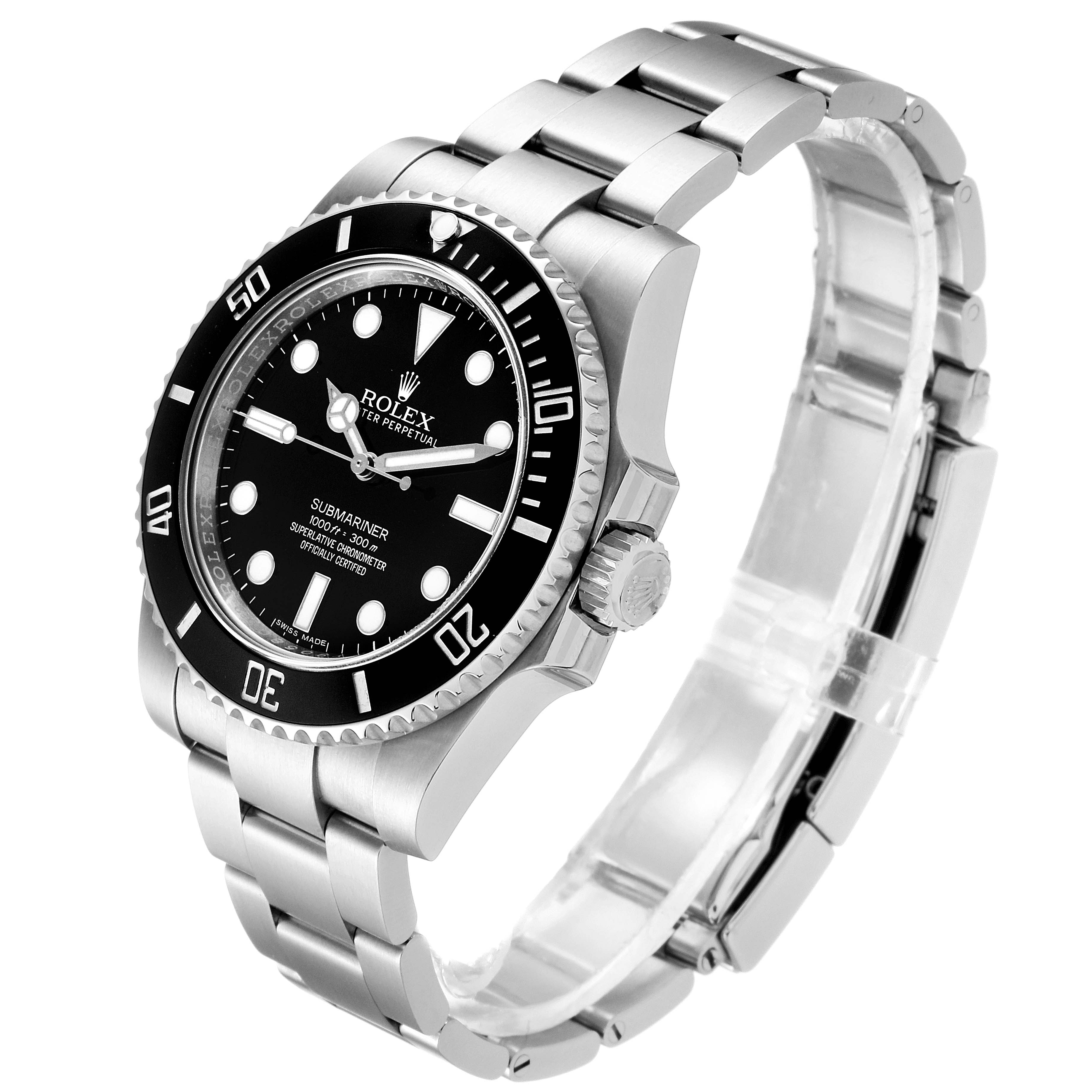 The image shows a Rolex Submariner 114060 Men's Stainless Steel Black Dial 114060 Men's Stainless Steel Black Dial watch at an angle highlighting its bezel, dial, crown, and metal bracelet.