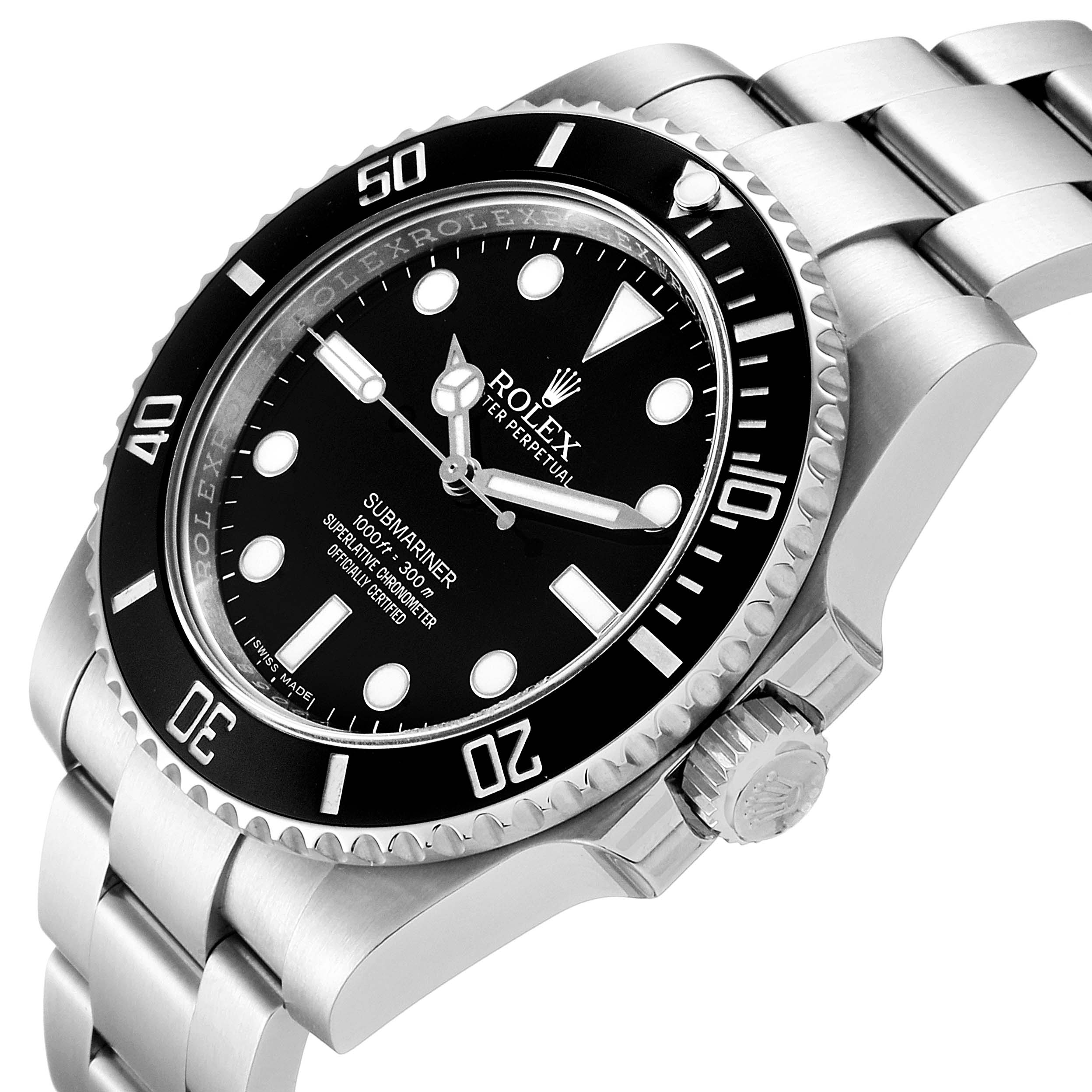 This image shows a close-up side view of the Rolex Submariner 114060 Men's Stainless Steel Black Dial 114060 Men's Stainless Steel Black Dial watch, highlighting the bezel, dial, crown, and part of the bracelet.