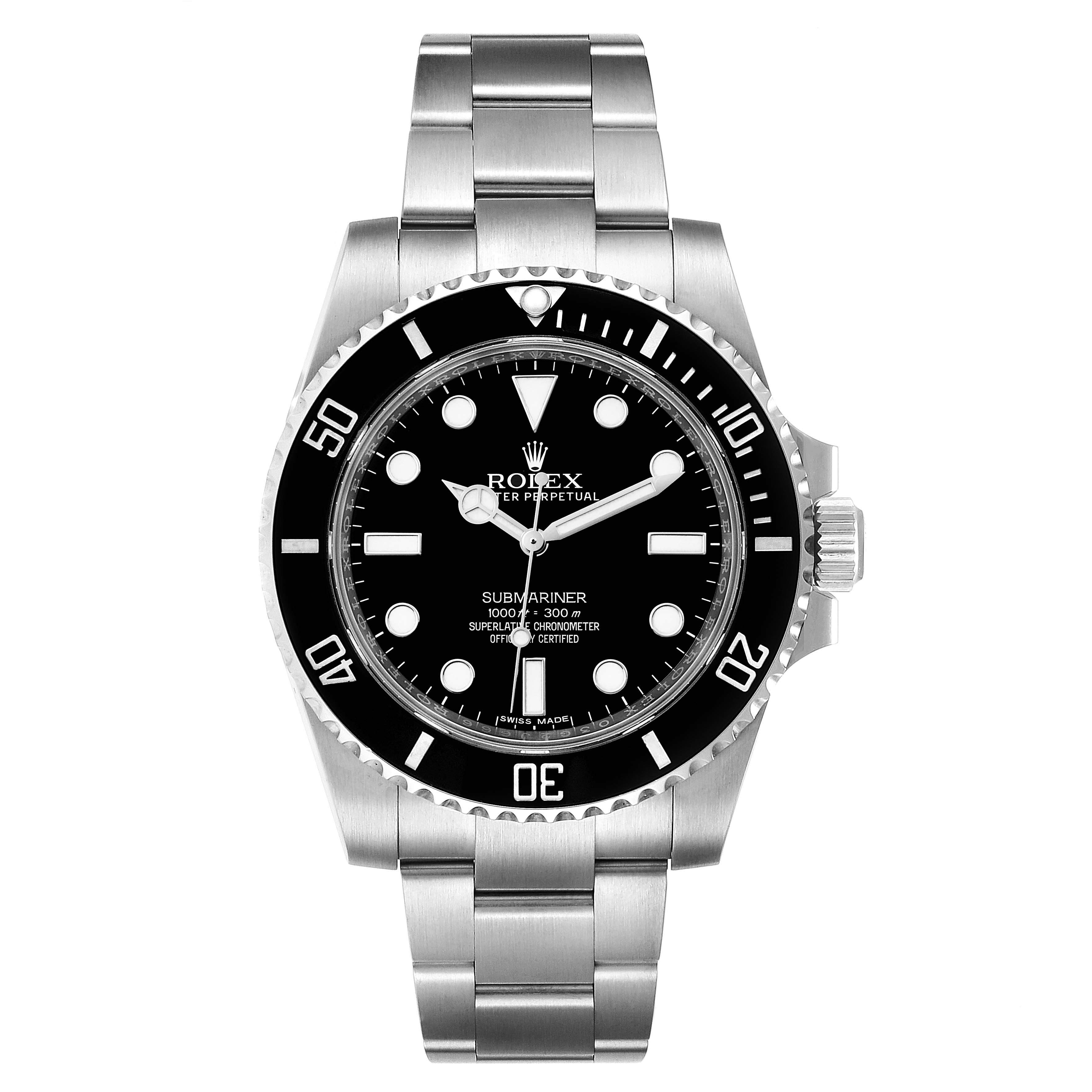 The image shows a front view of a Rolex Submariner 114060 Men's Stainless Steel Black Dial 114060 Men's Stainless Steel Black Dial watch, featuring the dial, bezel, and bracelet.