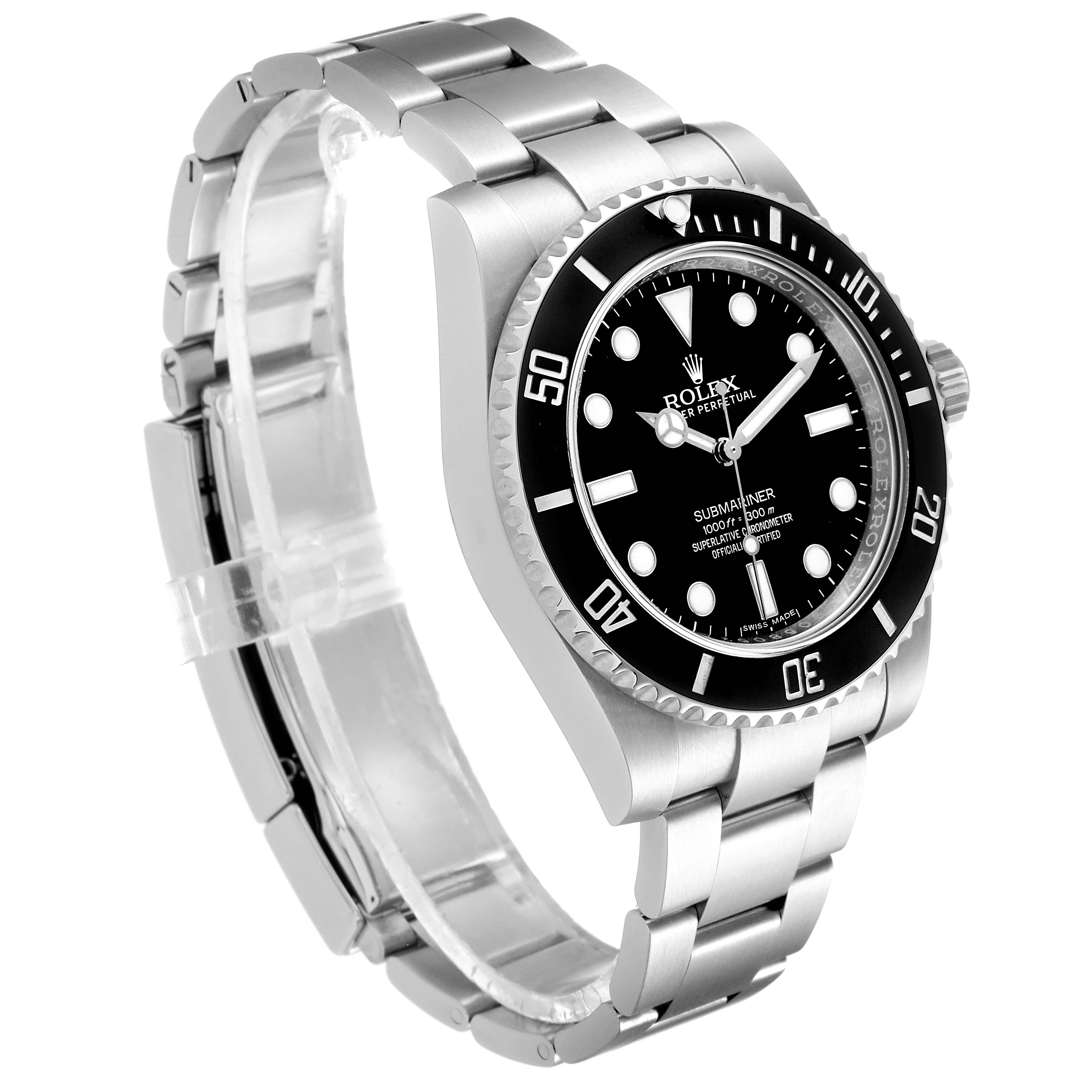 The image shows a Rolex Submariner 114060 Men's Stainless Steel Black Dial 114060 Men's Stainless Steel Black Dial watch angled to display its dial, bezel, and stainless steel bracelet.
