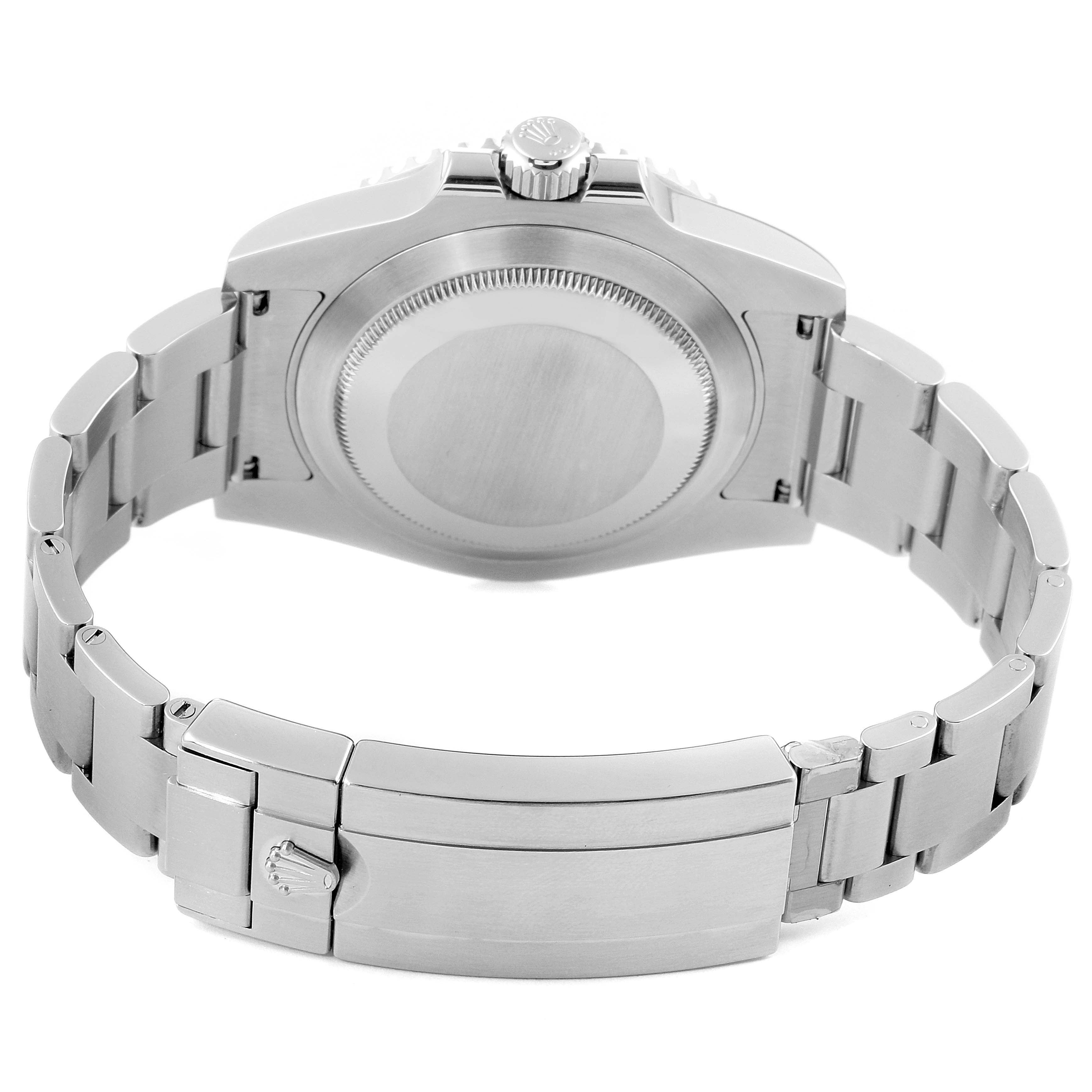 This image shows a rear view of the Rolex Submariner 114060 Men's Stainless Steel Black Dial 114060 Men's Stainless Steel Black Dial watch, highlighting the case back and bracelet clasp.