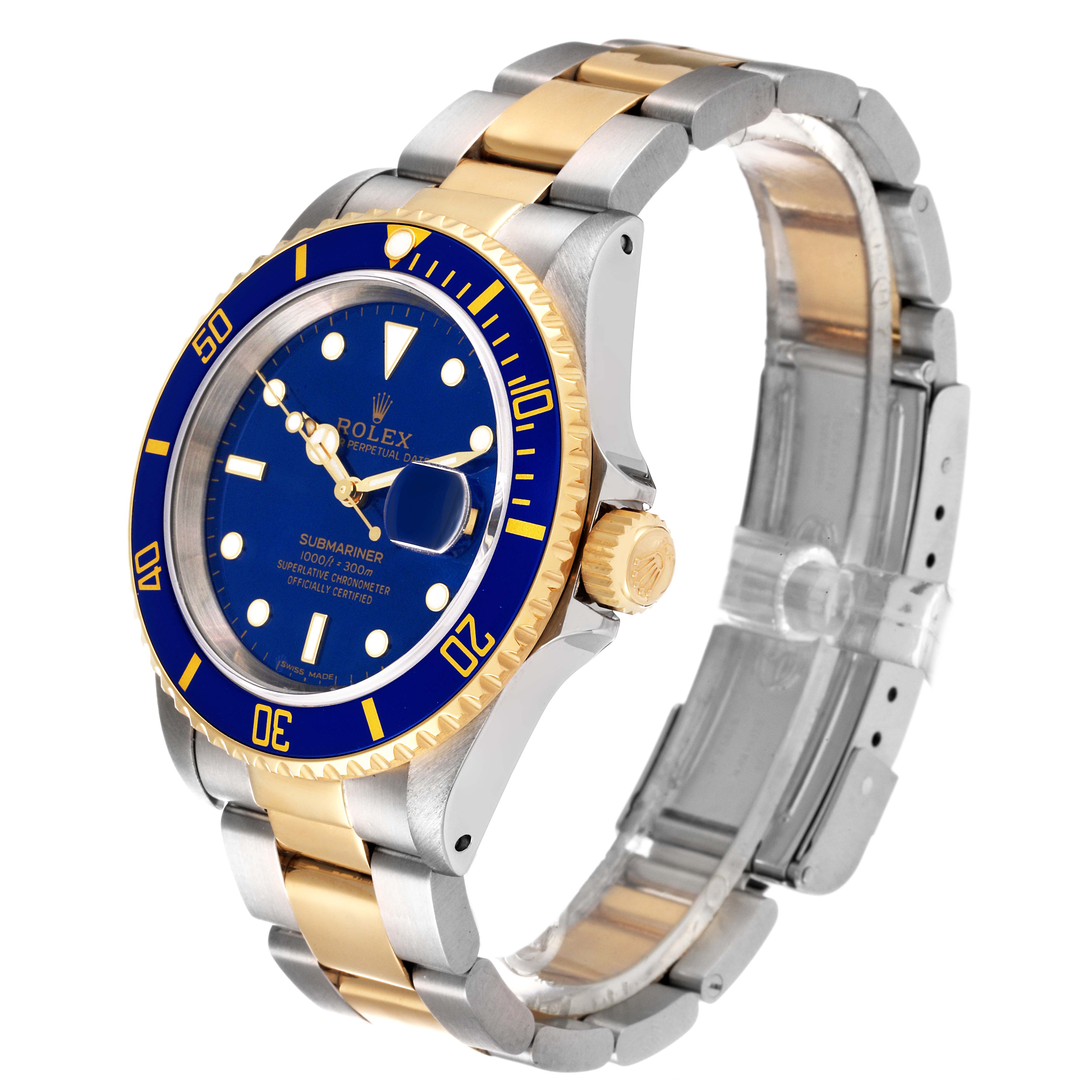 The Rolex Submariner 16613 Men's Steel and Gold (two tone) Blue Dial 16613 Men's Steel and Gold (two tone) Blue Dial watch is shown at a three-quarter angle, displaying the blue dial, bezel, and two-tone bracelet.