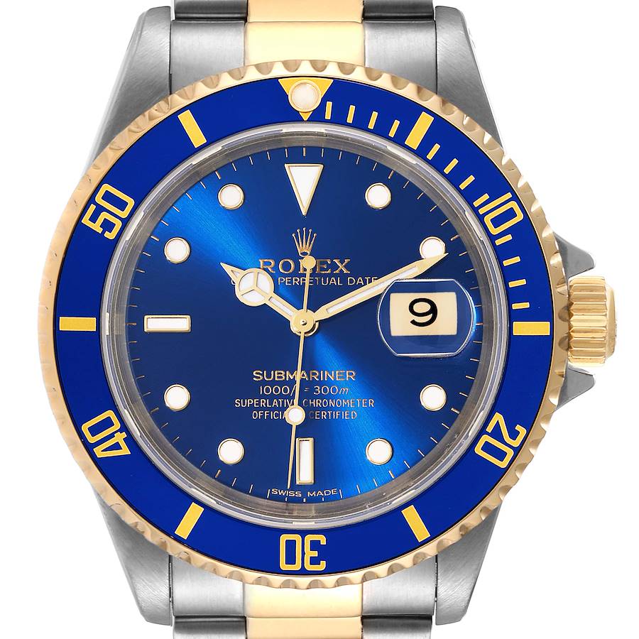 Rolex Submariner Blue Dial Steel Yellow Gold Mens Watch 16613 Box Service Card SwissWatchExpo