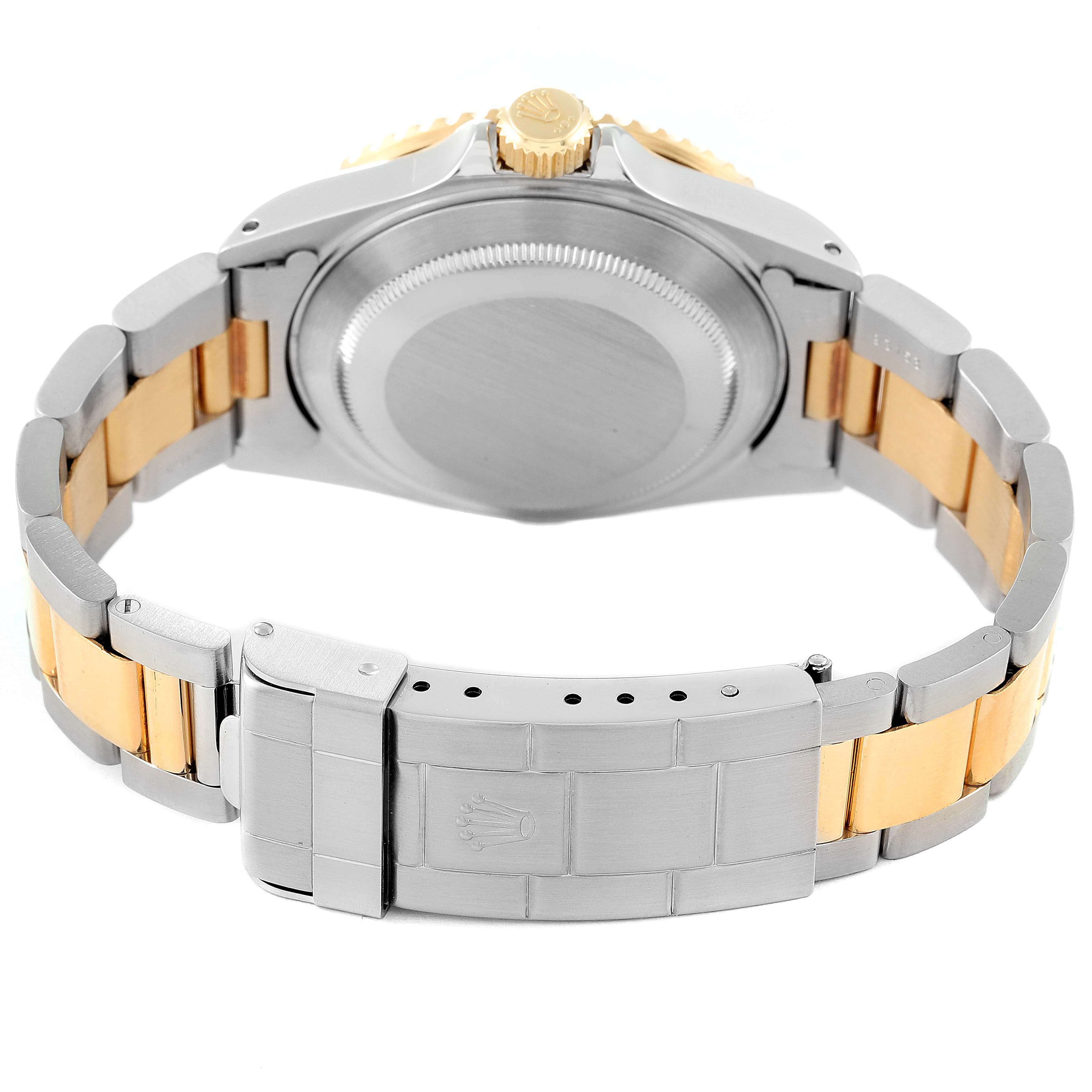 This image shows the back and clasp of a Rolex Submariner 16613 Men's Steel and Gold (two tone) Blue Dial 16613 Men's Steel and Gold (two tone) Blue Dial, highlighting the two-tone bracelet and case back.