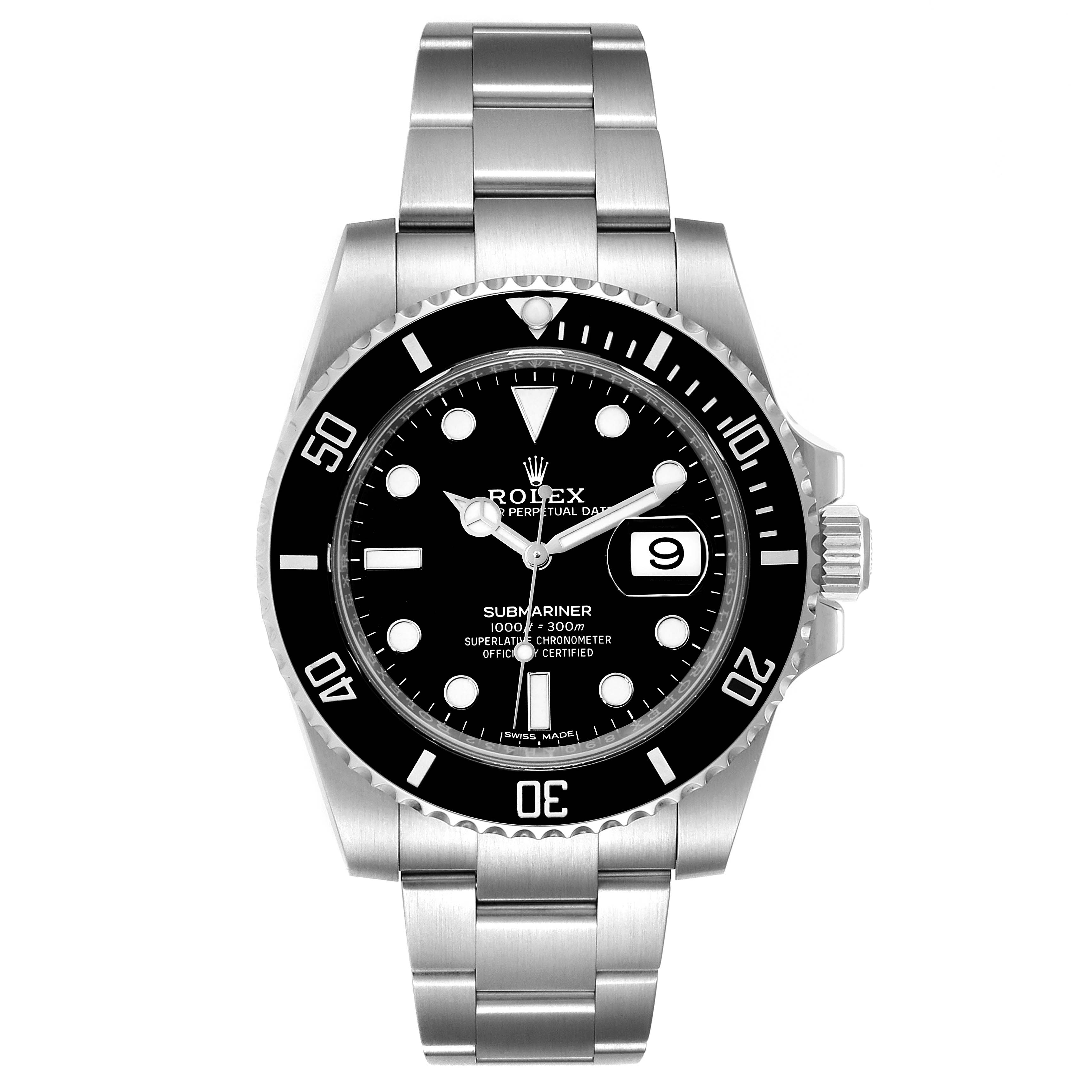 The image shows a front view of a Rolex Submariner 116610 Men's Stainless Steel Black Dial 116610 Men's Stainless Steel Black Dial watch, displaying its face, bezel, crown, and bracelet.
