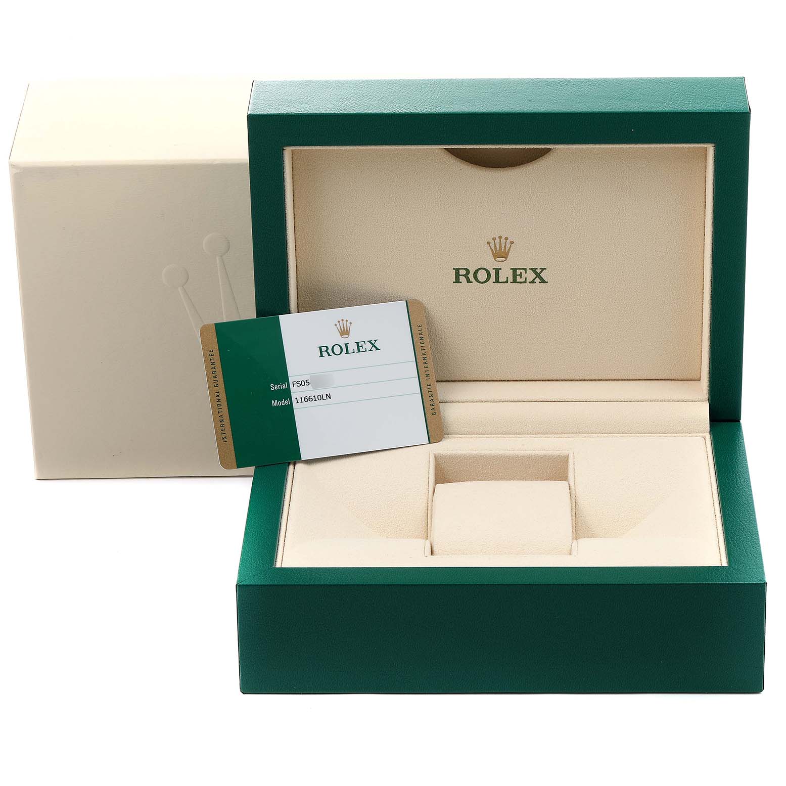 The image shows the Rolex Submariner 116610 Men's Stainless Steel Black Dial 116610 Men's Stainless Steel Black Dial model box with a certification card, displayed from the top angle.