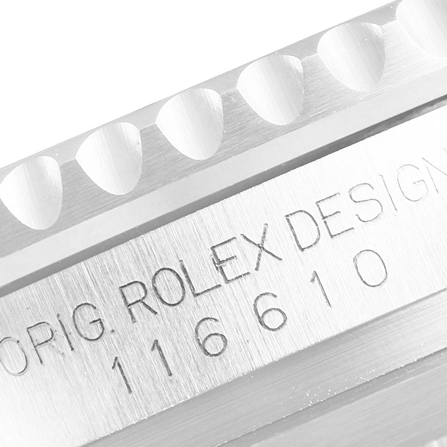 The image shows a close-up of the bezel and case side of a Rolex Submariner 116610 Men's Stainless Steel Black Dial 116610 Men's Stainless Steel Black Dial, displaying its engraved model number.