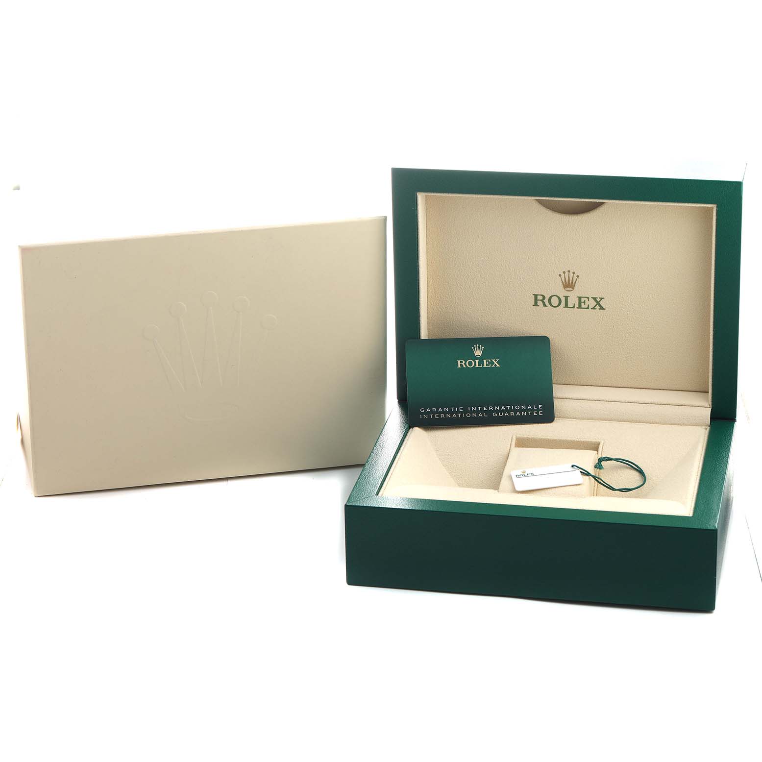 The image shows the open box, warranty card, and tag for a Rolex Submariner 124060 Men's Stainless Steel Black Dial watch, showcasing its packaging and accessories.