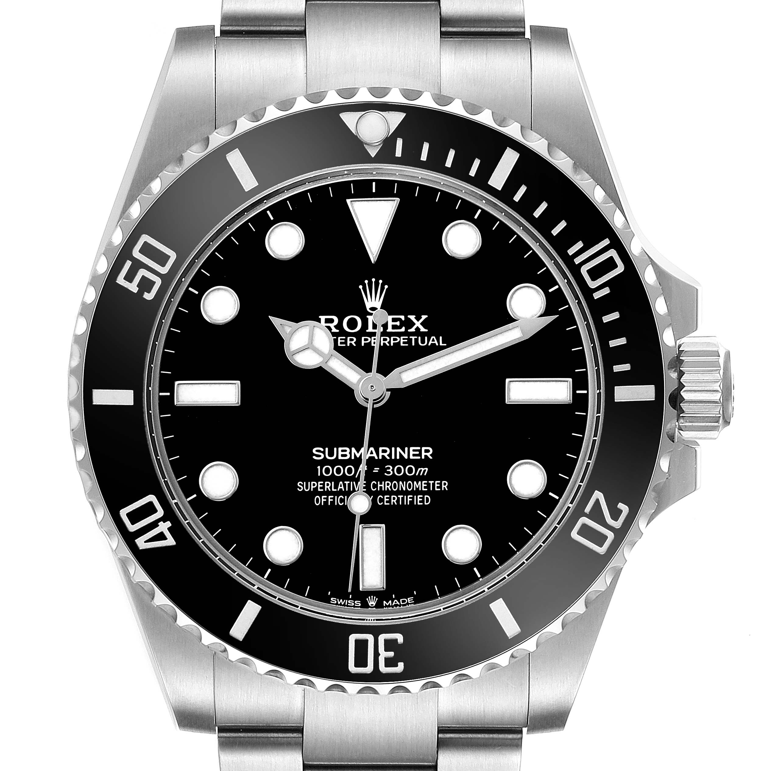 The Rolex Submariner 124060 Men's Stainless Steel Black Dial is shown from the front, displaying the dial, bezel, crown, and part of the bracelet.