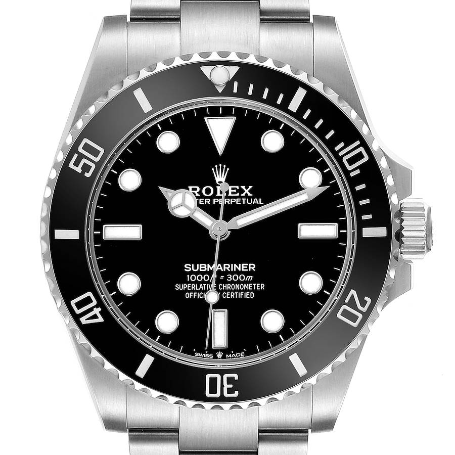 The Rolex Submariner 124060 Men's Stainless Steel Black Dial is shown from the front, displaying the dial, bezel, crown, and part of the bracelet.