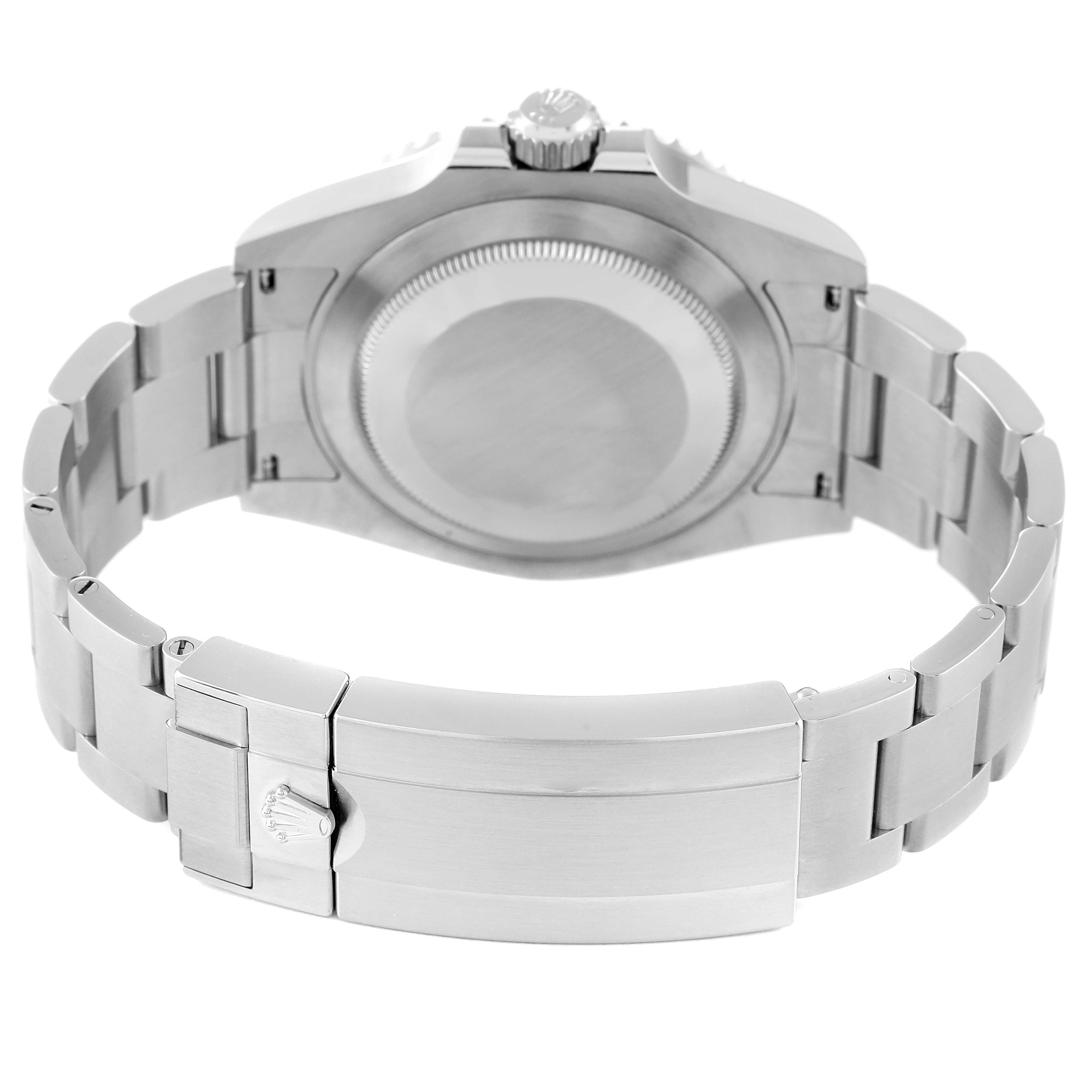 This image shows the back view of a Rolex Submariner 124060 Men's Stainless Steel Black Dial 124060 Men's Stainless Steel Black Dial, focusing on the case back and bracelet with the clasp.