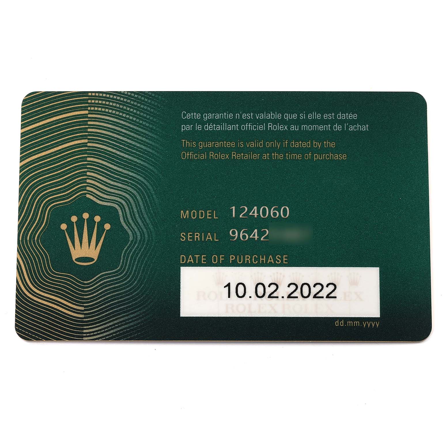 This image shows a guarantee card for a Rolex Submariner 124060 Men's Stainless Steel Black Dial 124060 Men's Stainless Steel Black Dial model 124060, including serial number and date of purchase.