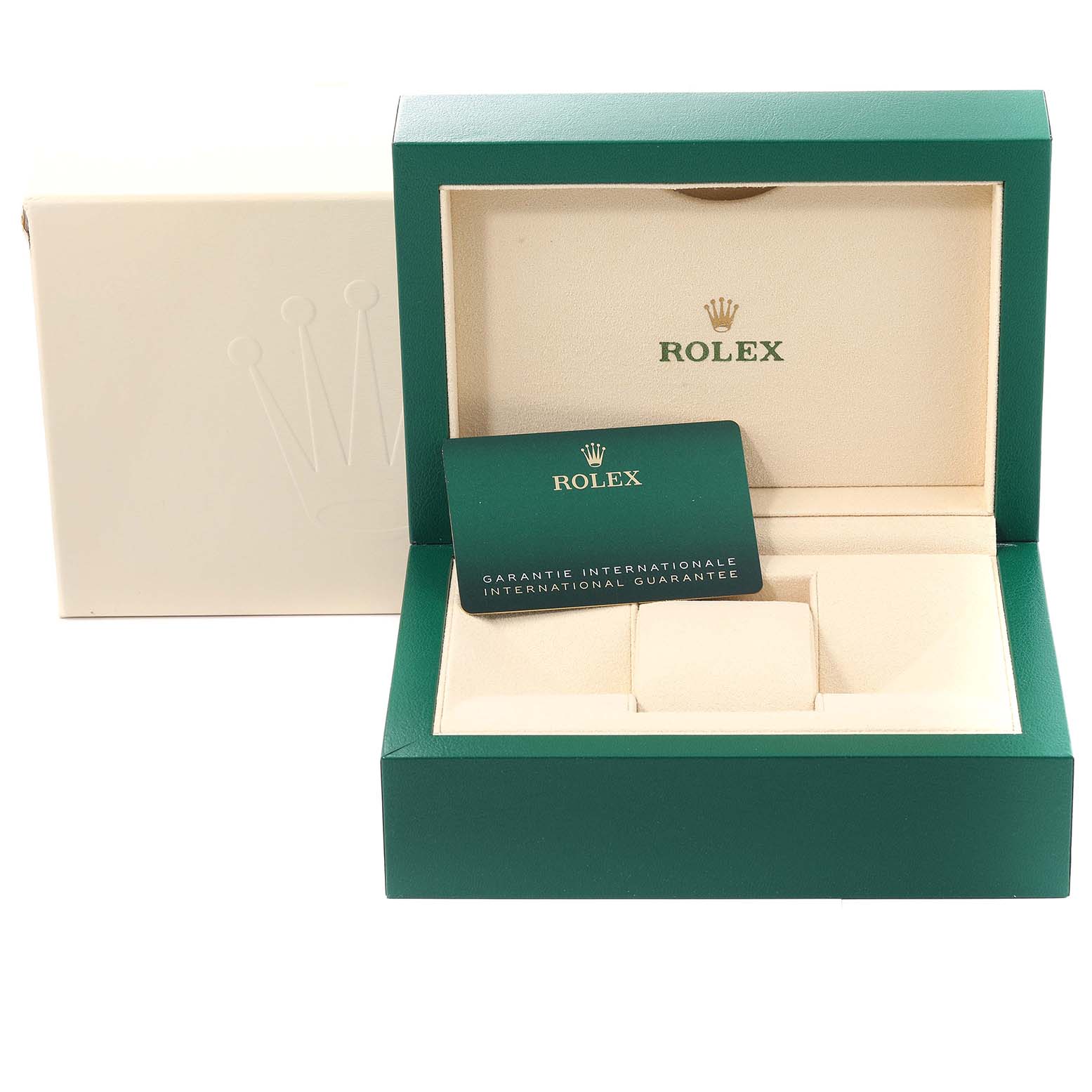 The image shows an open Rolex Submariner 124060 Men's Stainless Steel Black Dial 124060 Men's Stainless Steel Black Dial presentation box with an international guarantee card inside.