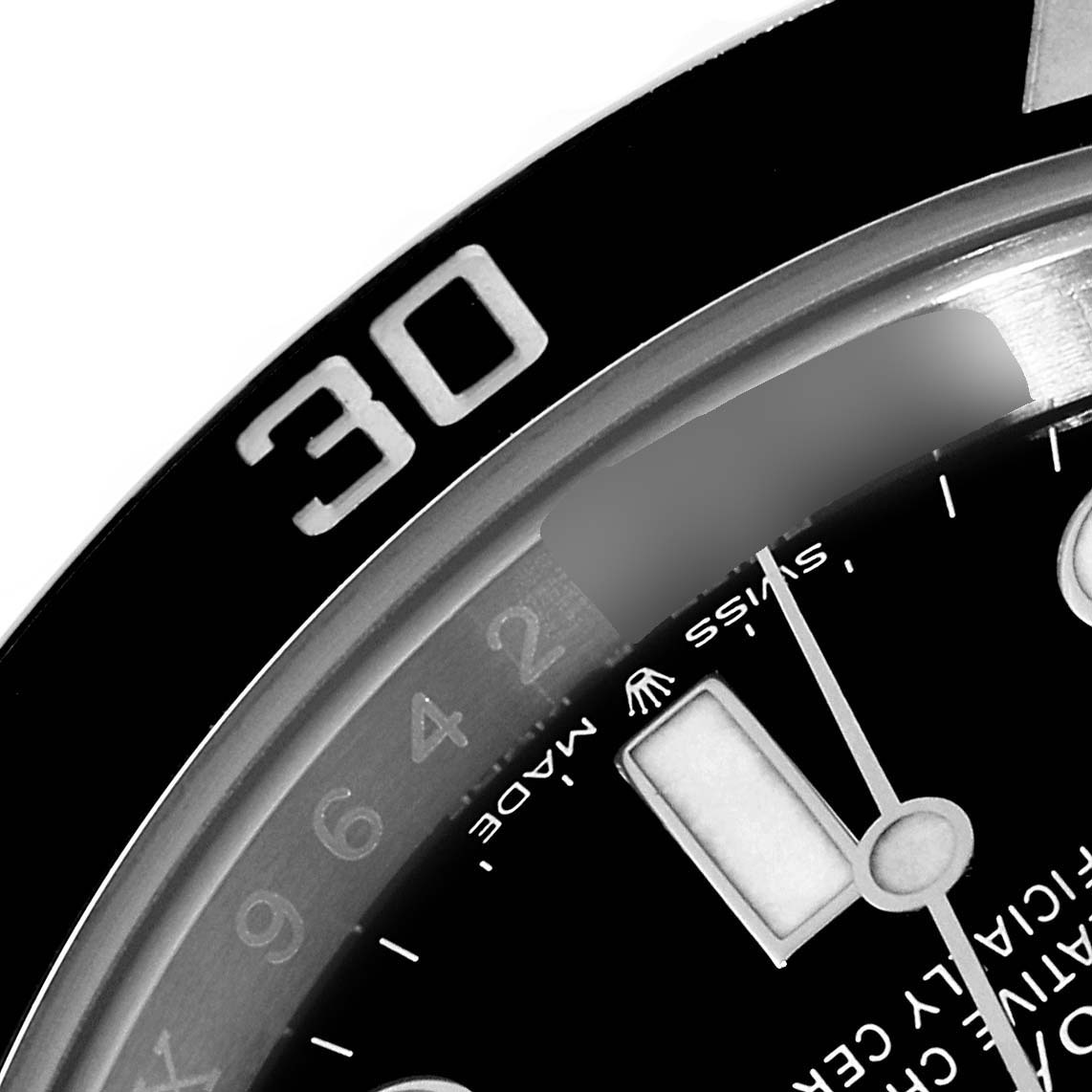 The image shows a close-up of the dial and bezel at the 30-minute mark of a Rolex Submariner 124060 Men's Stainless Steel Black Dial 124060 Men's Stainless Steel Black Dial watch.
