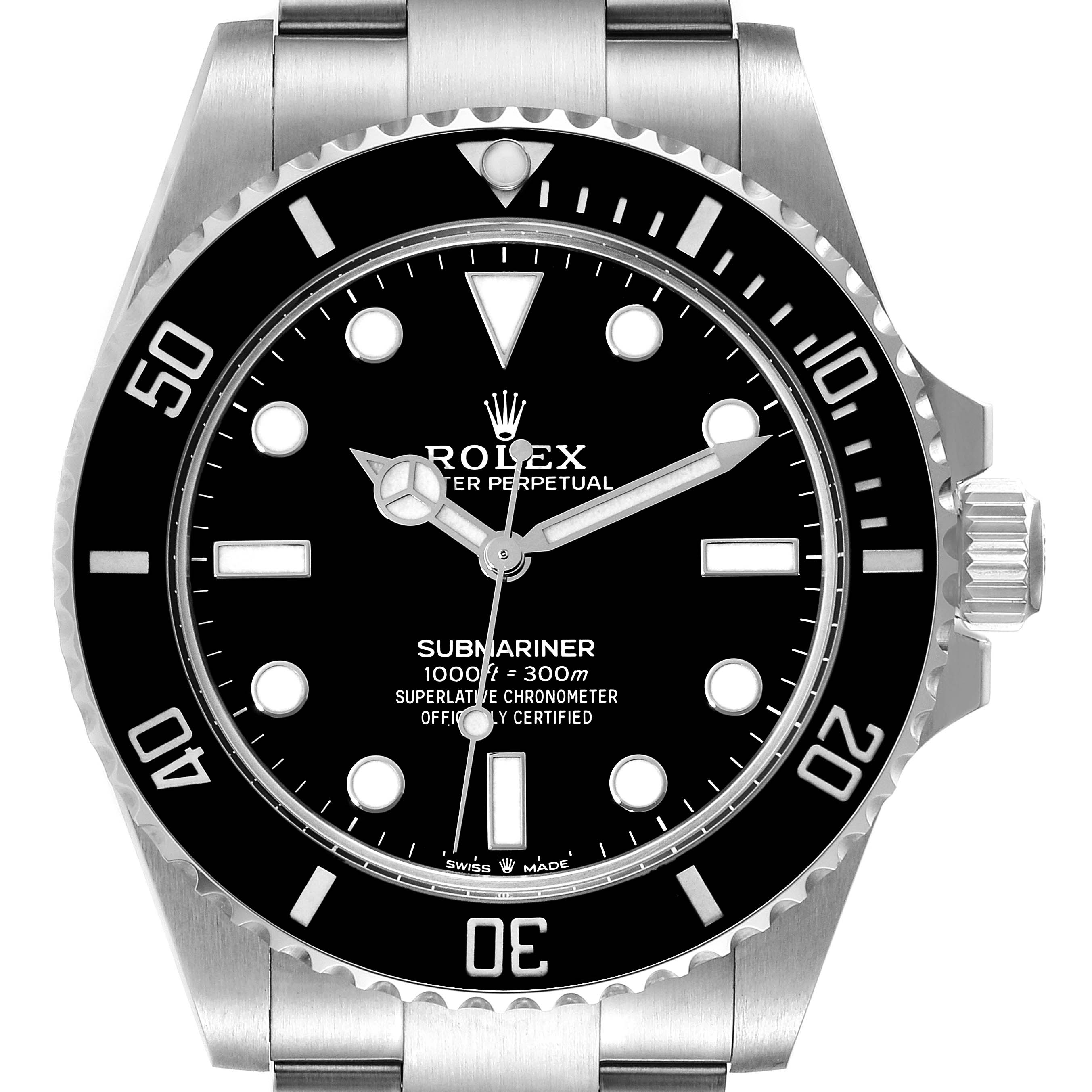The image shows a front view of the Rolex Submariner 124060 Men's Stainless Steel Black Dial 124060 Men's Stainless Steel Black Dial watch, displaying its black dial, bezel, and stainless steel bracelet.