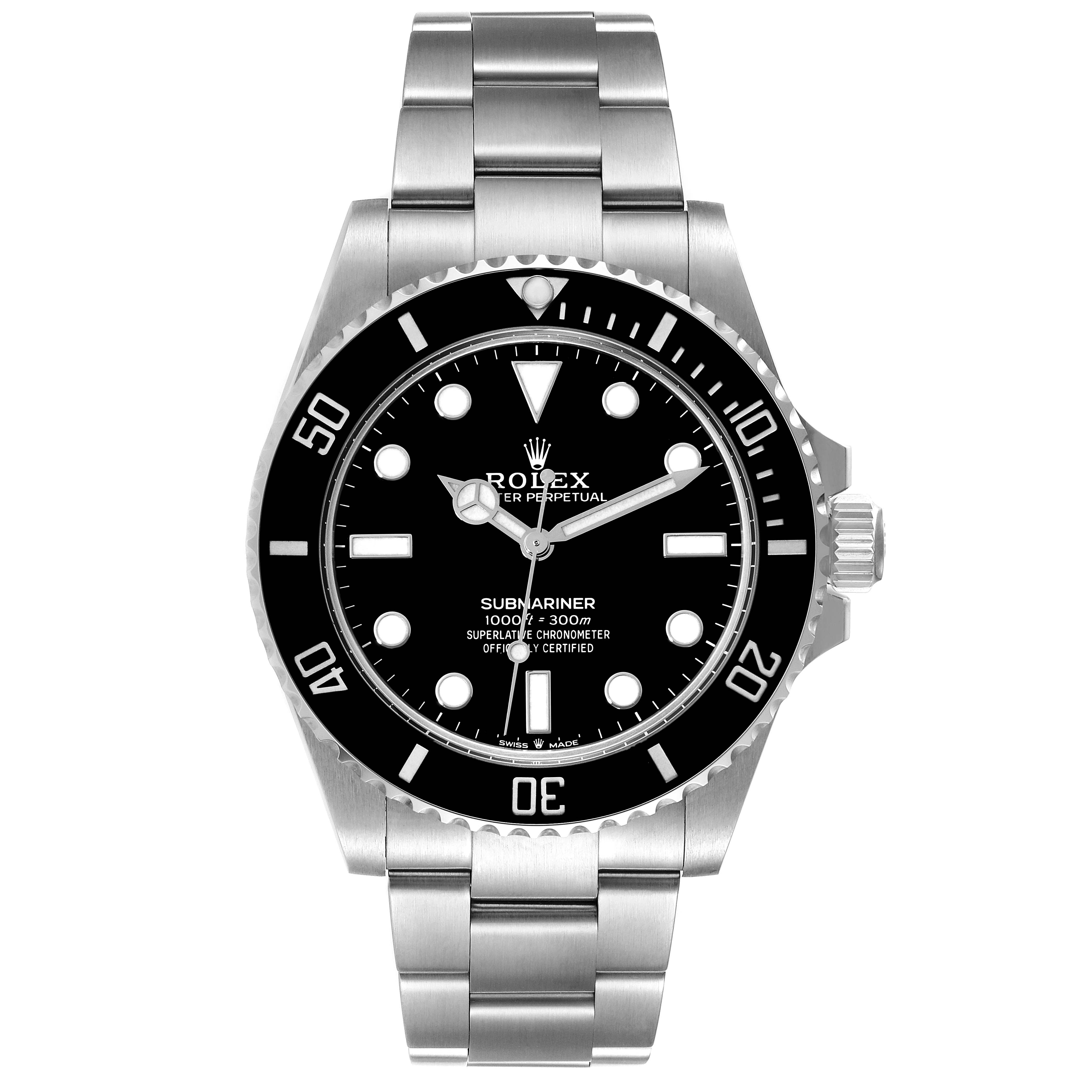 The image shows a front view of a Rolex Submariner 124060 Men's Stainless Steel Black Dial 124060 Men's Stainless Steel Black Dial watch, displaying its face, bezel, and metal bracelet.