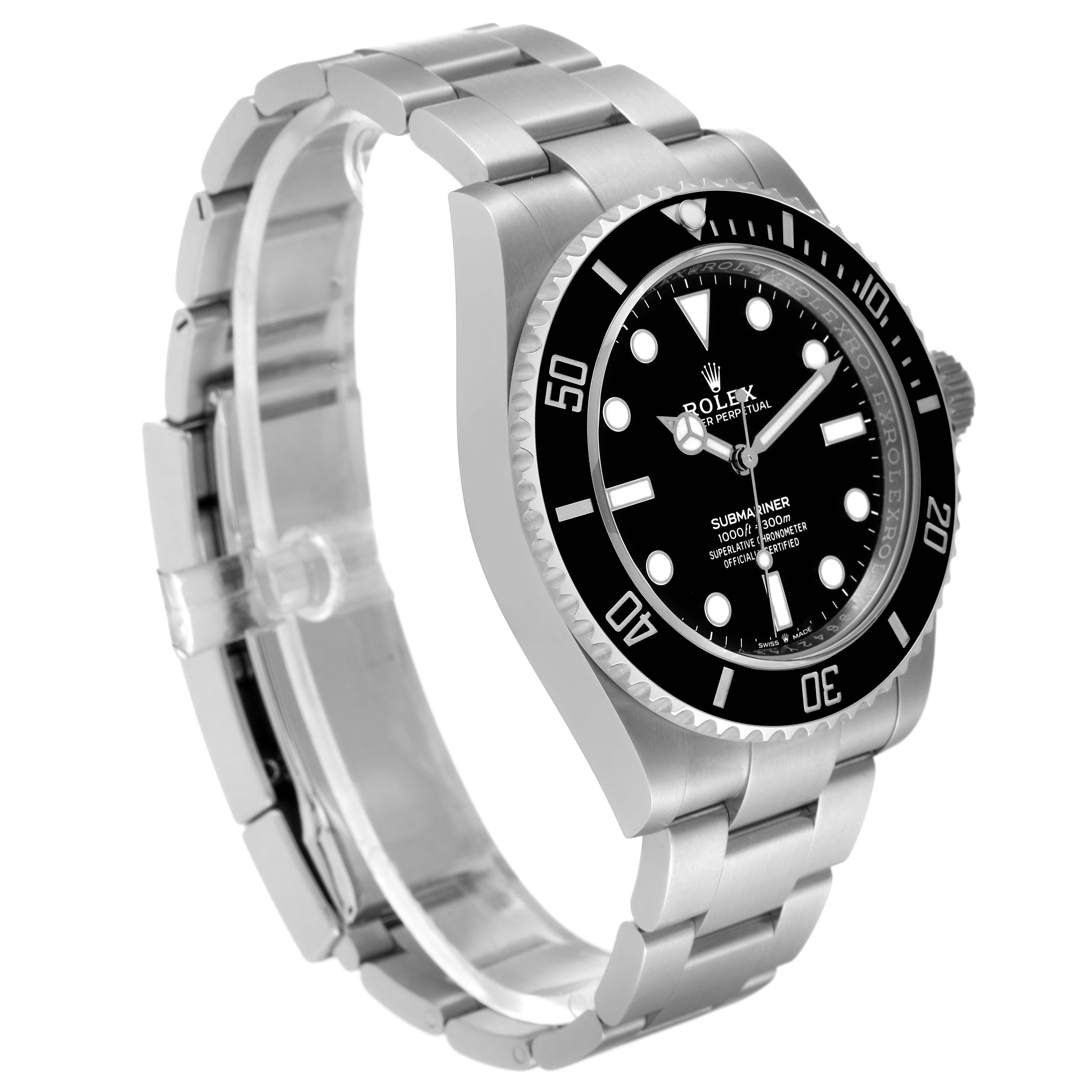 The Rolex Submariner 124060 Men's Stainless Steel Black Dial 124060 Men's Stainless Steel Black Dial watch is shown at an angled side view, displaying its dial, bezel, and band.