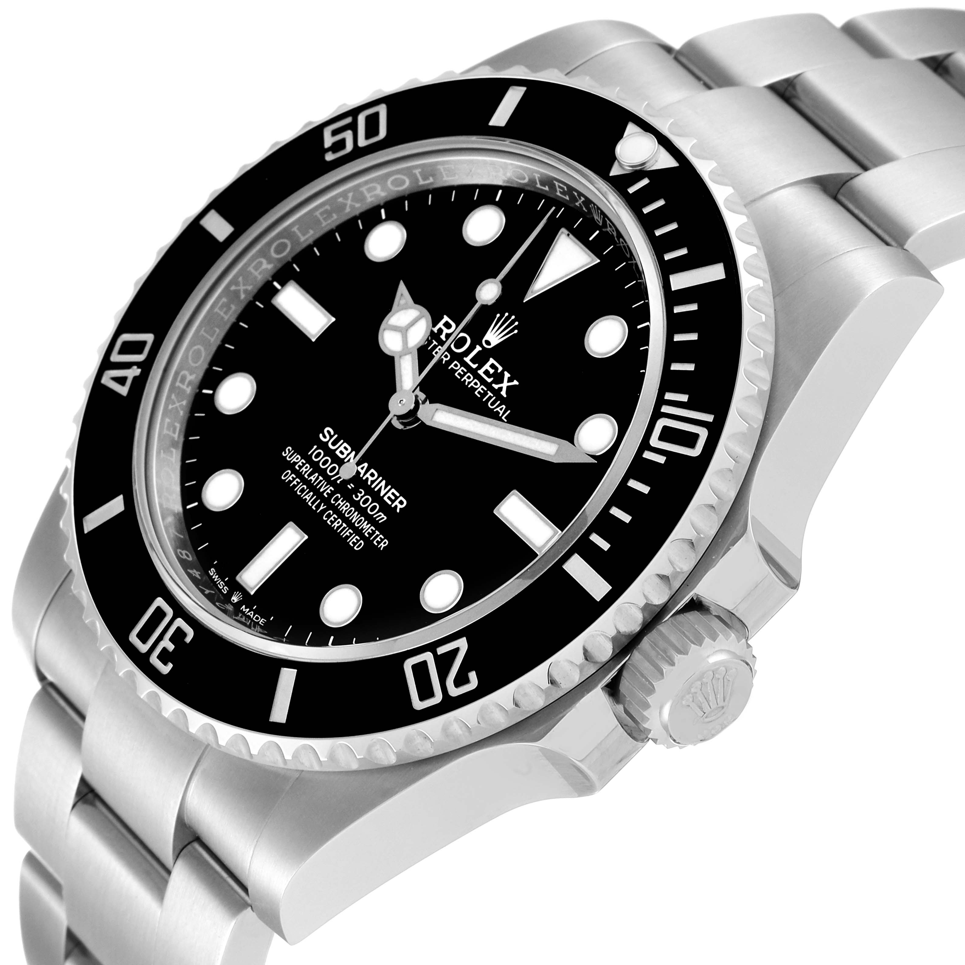 The image shows a side view of the Rolex Submariner 124060 Men's Stainless Steel Black Dial 124060 Men's Stainless Steel Black Dial watch, displaying the bezel, crown, dial, and part of the bracelet.