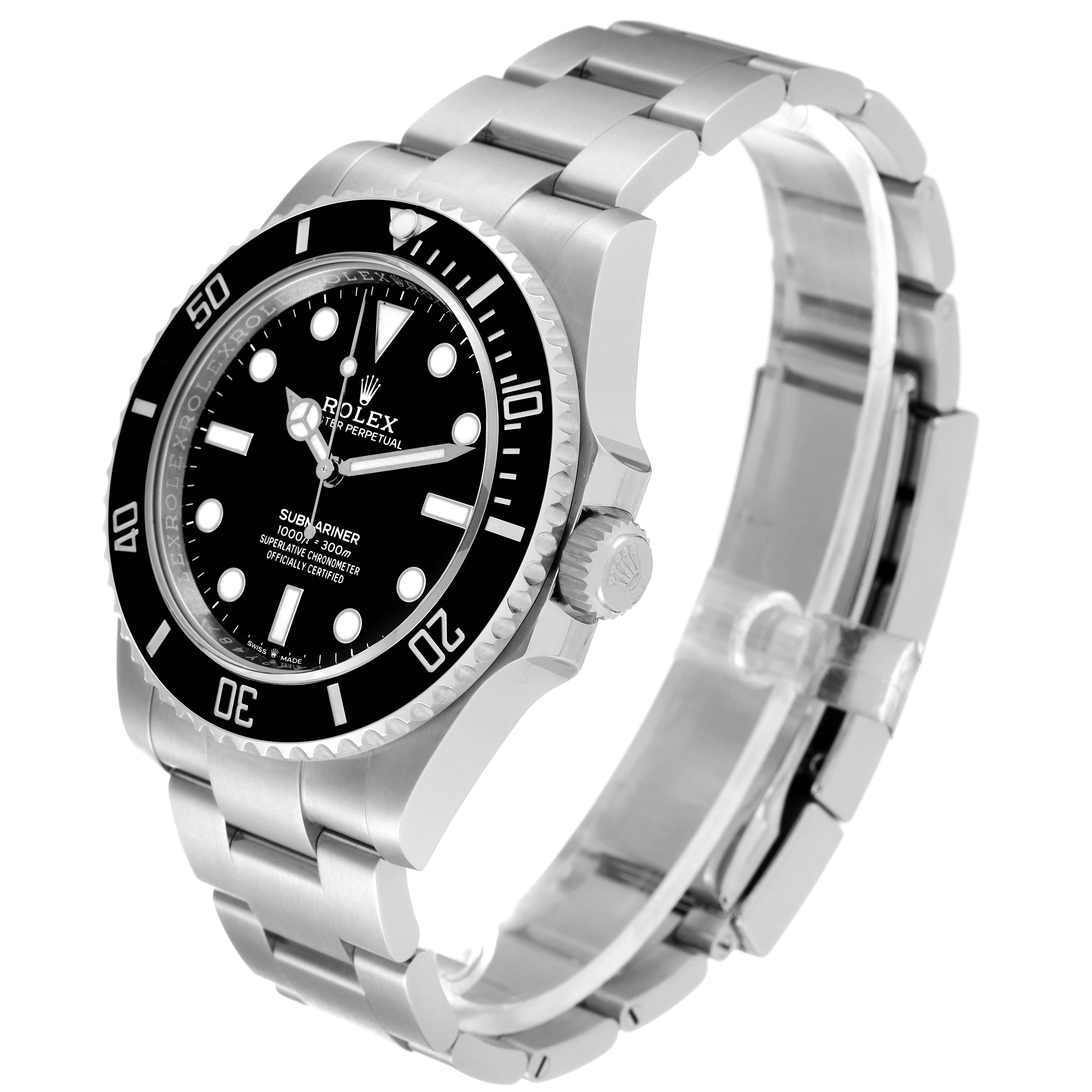 The Rolex Submariner 124060 Men's Stainless Steel Black Dial 124060 Men's Stainless Steel Black Dial watch is shown at an angled side view, displaying its face, bezel, crown, and bracelet.