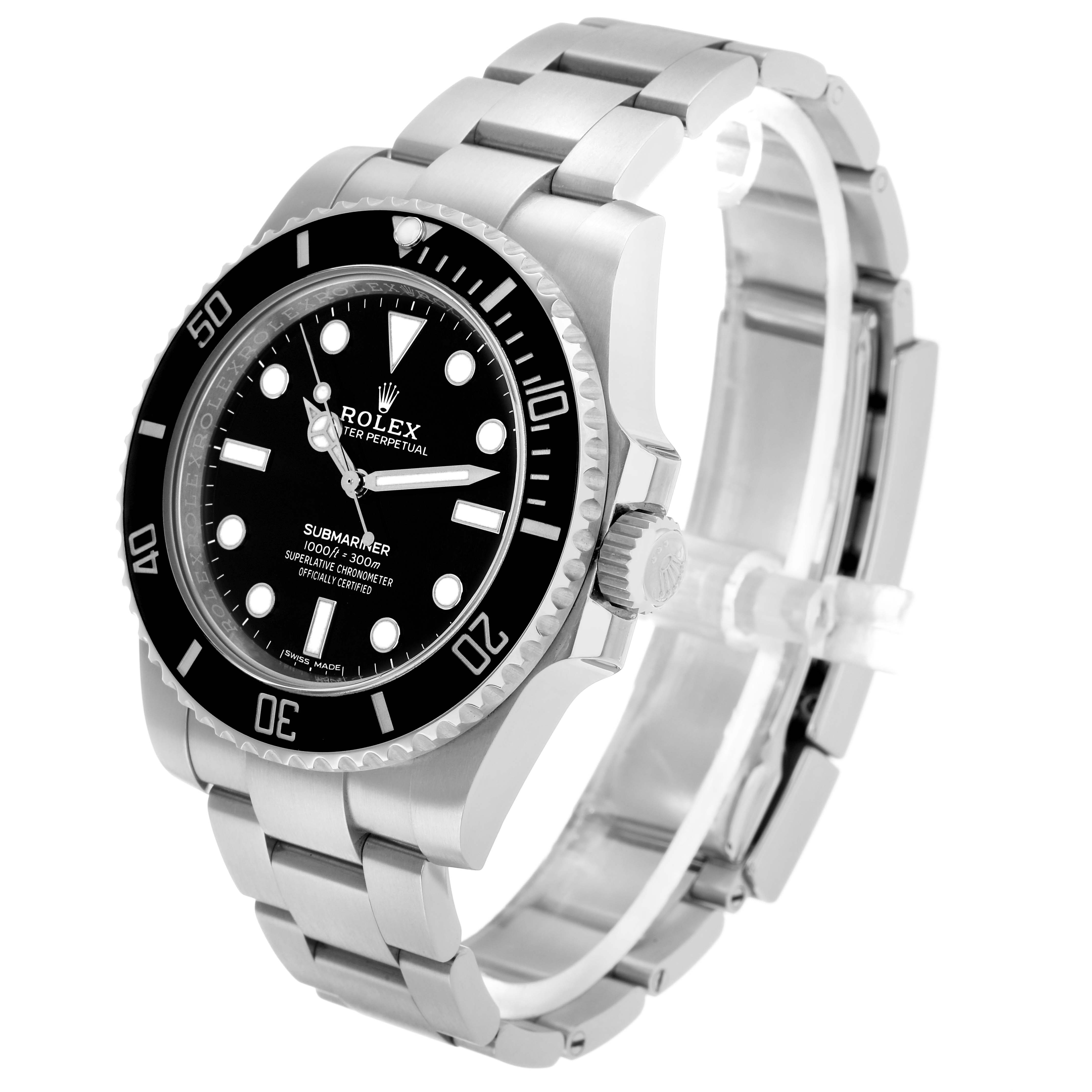 The Rolex Submariner 114060 Men's Stainless Steel Black Dial watch is shown at a three-quarter angle, highlighting the bezel, dial, bracelet, and crown.