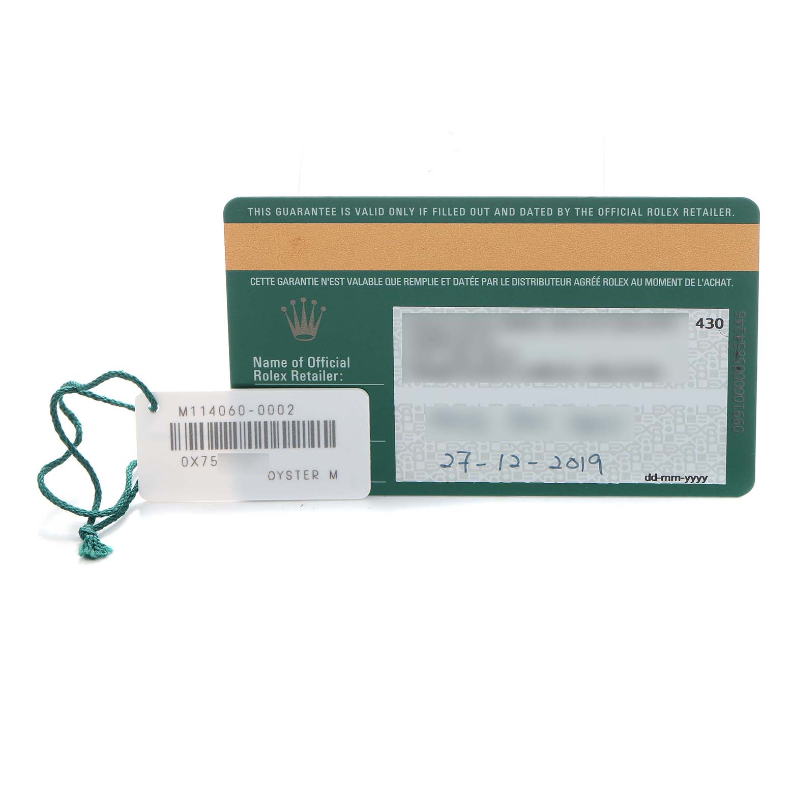 The image shows a warranty card and tag for the Rolex Submariner 114060 Men's Stainless Steel Black Dial model, viewed from the front.