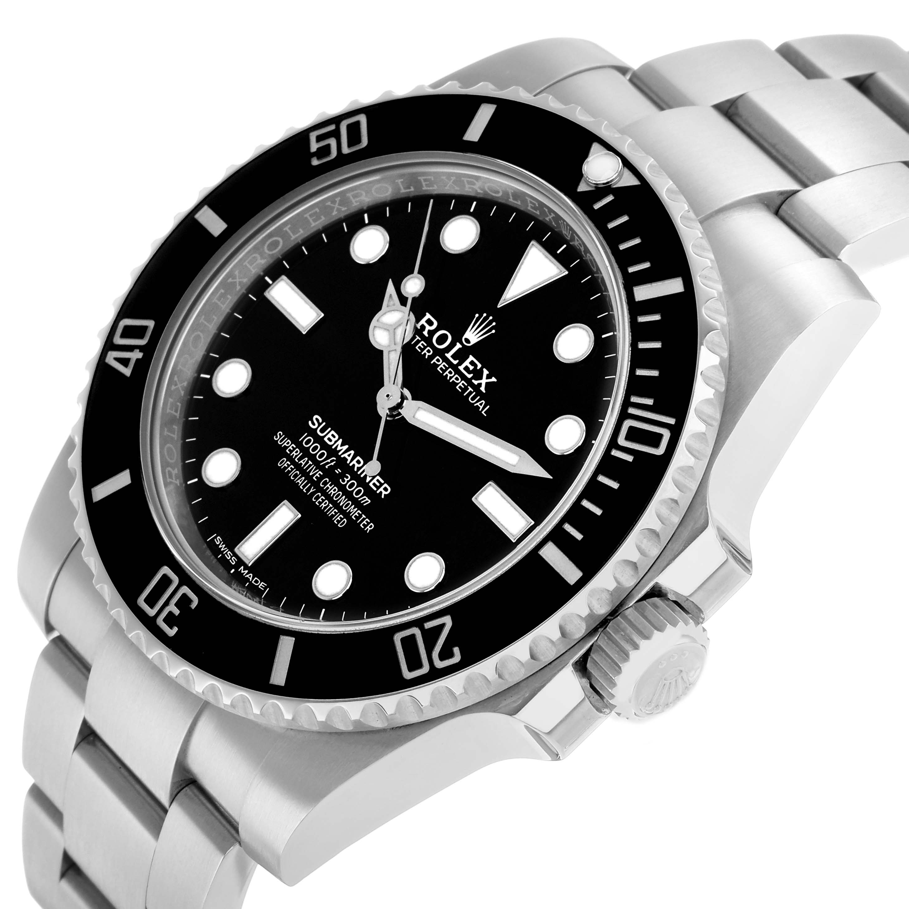 The image shows a Rolex Submariner 114060 Men's Stainless Steel Black Dial at an angled view, highlighting the bezel, crown, and stainless steel bracelet.