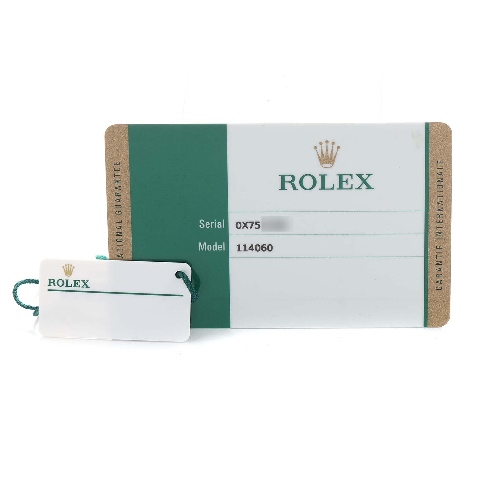 The image shows a Rolex Submariner 114060 Men's Stainless Steel Black Dial model warranty card and tag from a frontal angle.
