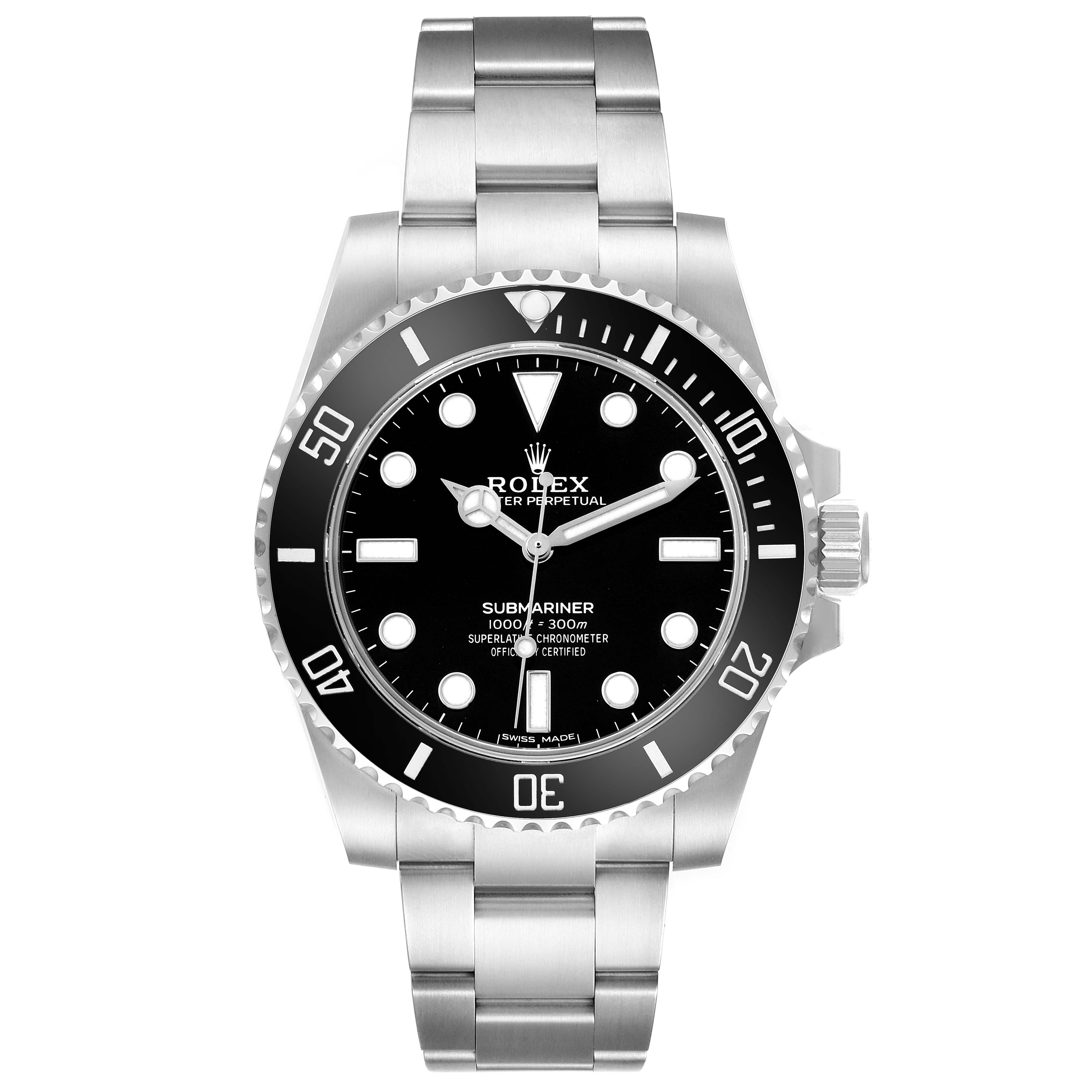 The Rolex Submariner 114060 Men's Stainless Steel Black Dial watch is shown from a top-down view, displaying the dial, bezel, and bracelet.