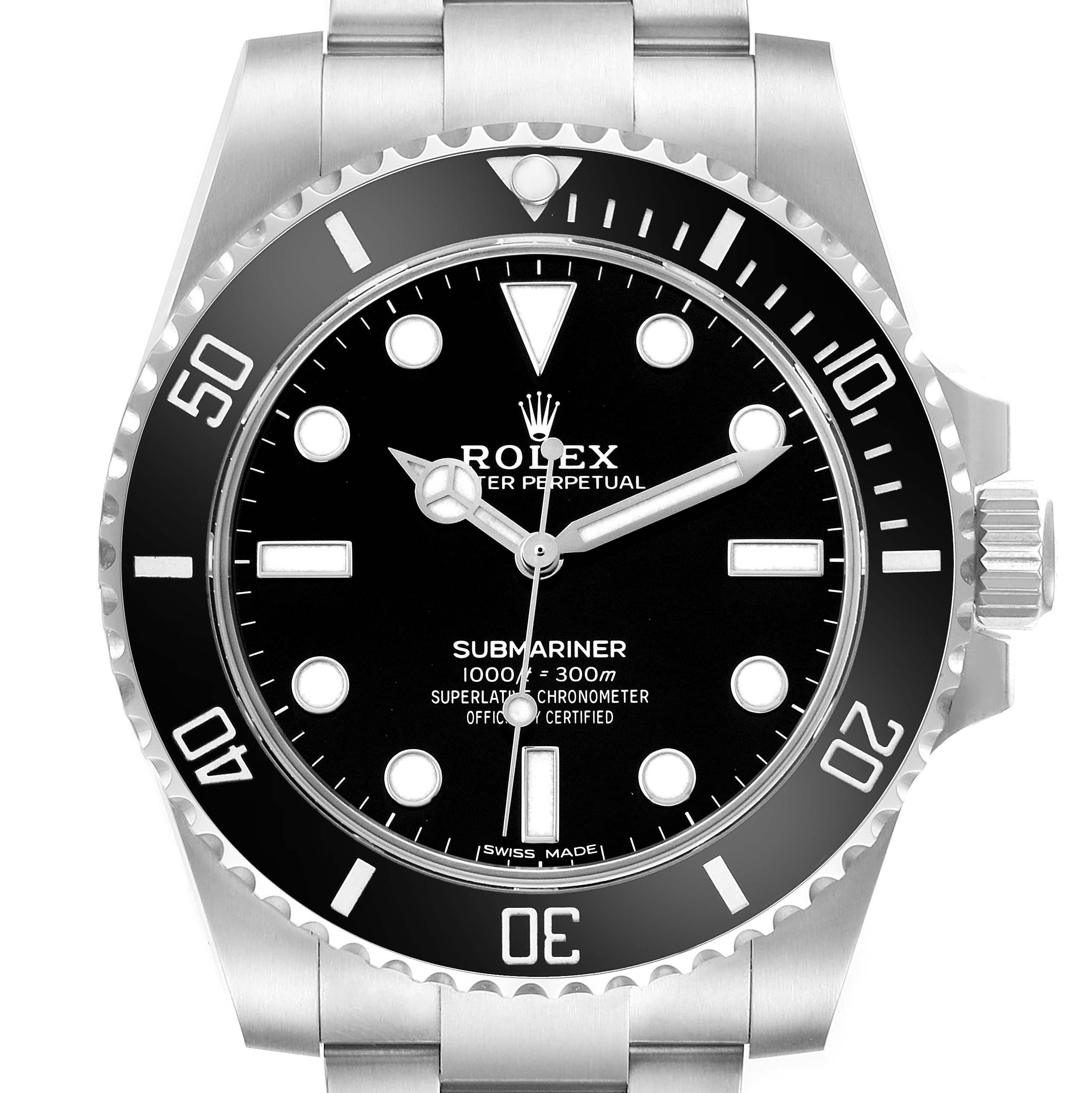 The image shows a front view of the Rolex Submariner 114060 Men's Stainless Steel Black Dial, displaying its dial, bezel, and bracelet.