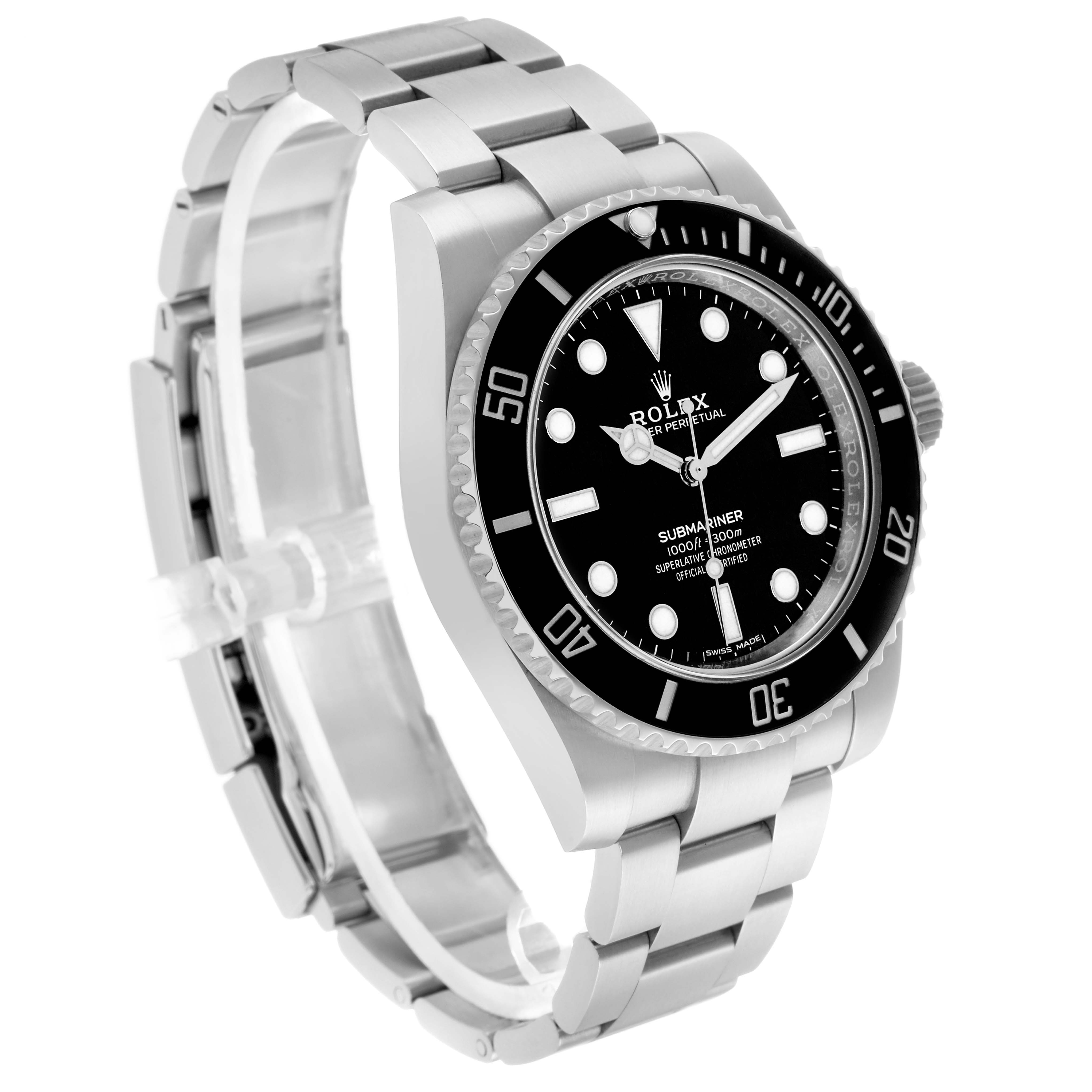 The Rolex Submariner 114060 Men's Stainless Steel Black Dial watch is shown in a three-quarter view, highlighting the bracelet, bezel, and face.