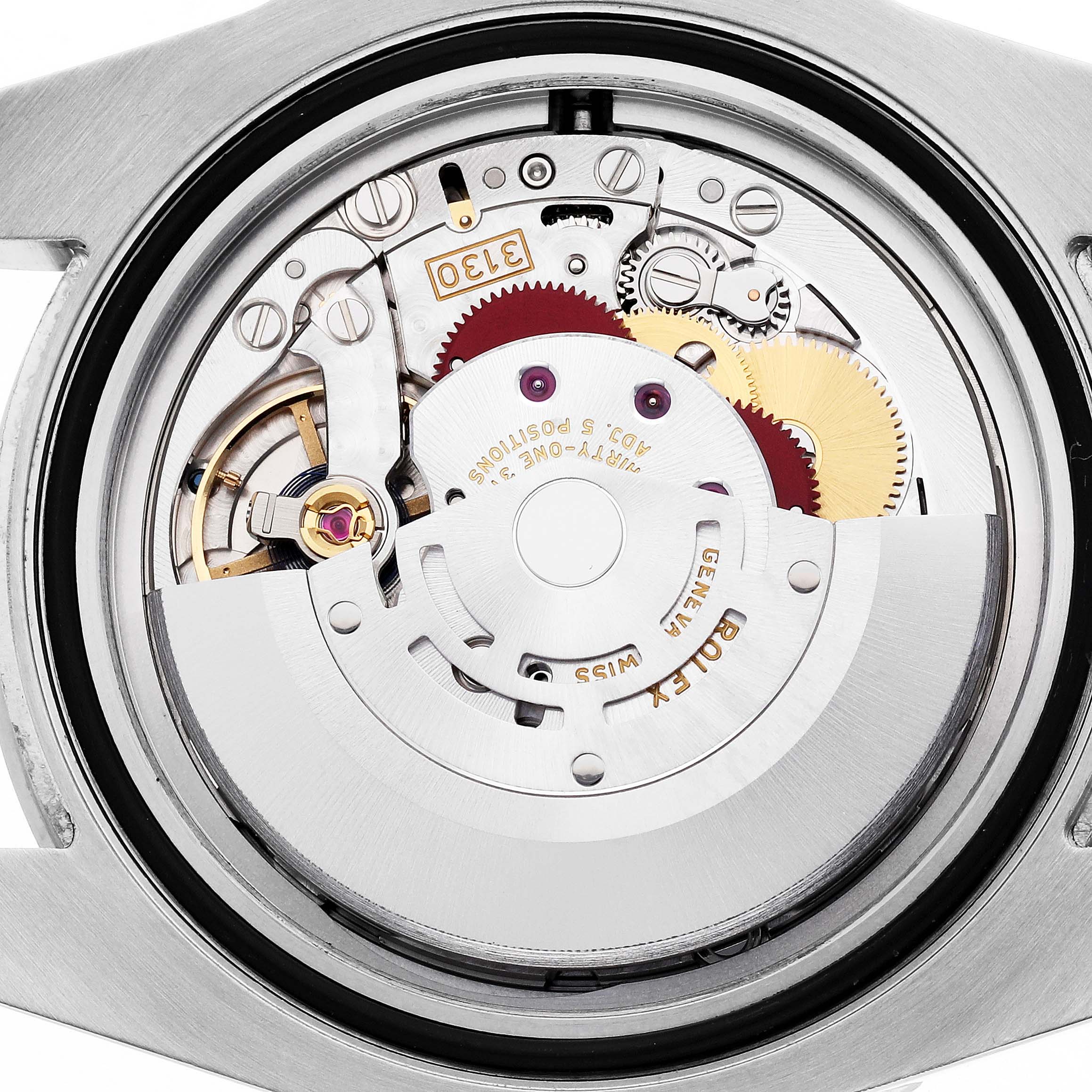 The image shows the movement of a Rolex Submariner 114060 Men's Stainless Steel Black Dial watch from a back view, highlighting gears and the rotor.