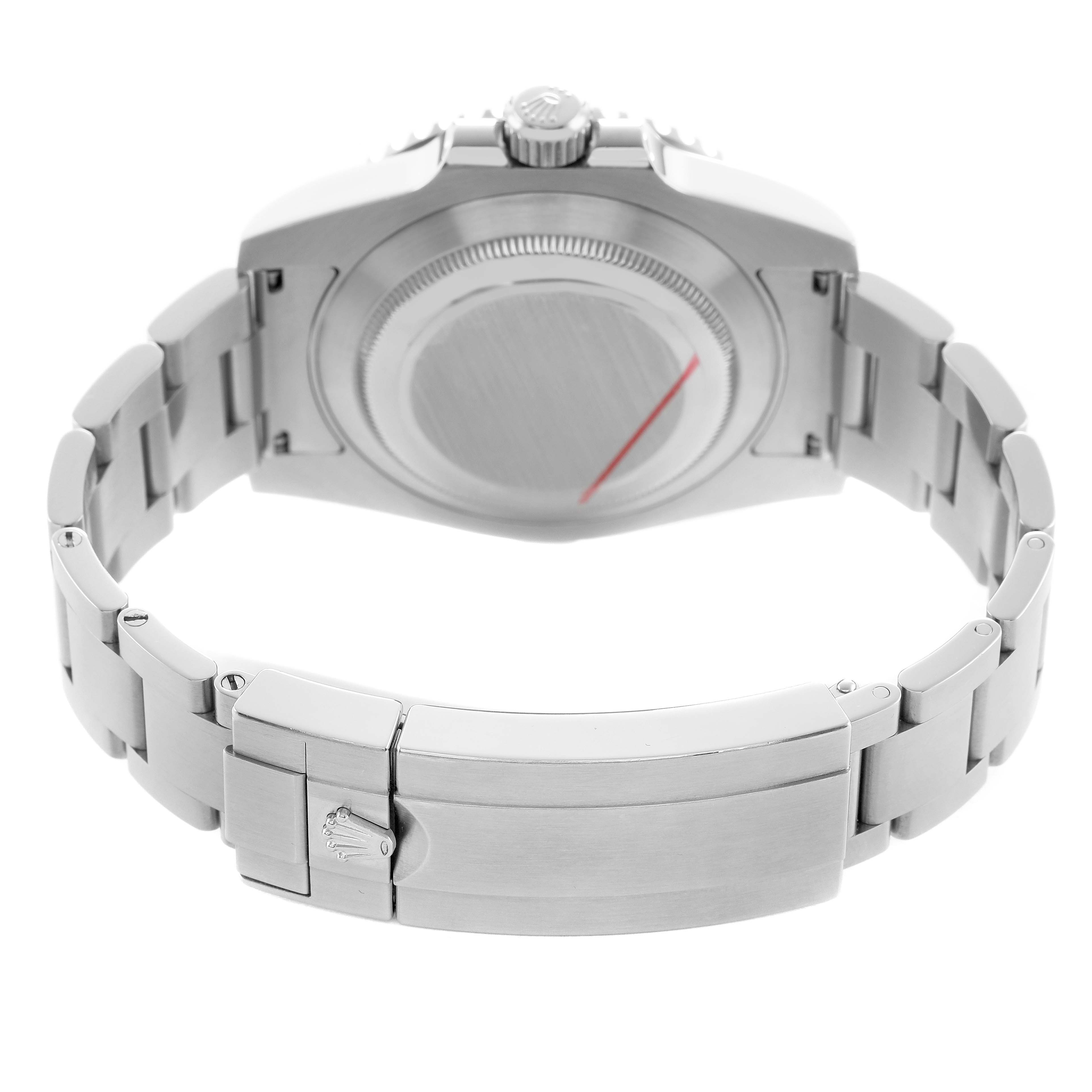 The image shows the back view of the Rolex Submariner 114060 Men's Stainless Steel Black Dial, highlighting the case back and closed bracelet clasp.