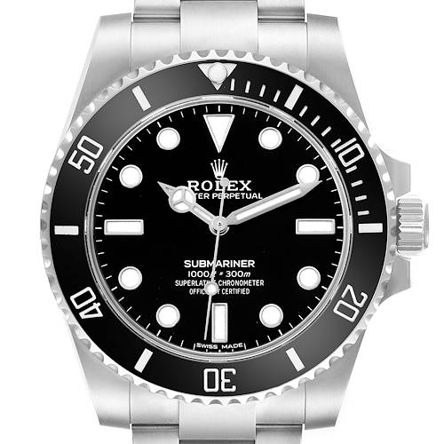 The Rolex Submariner 114060 Men's Stainless Steel Black Dial watch is shown from a front angle, displaying the face, bezel, crown, and part of the bracelet.