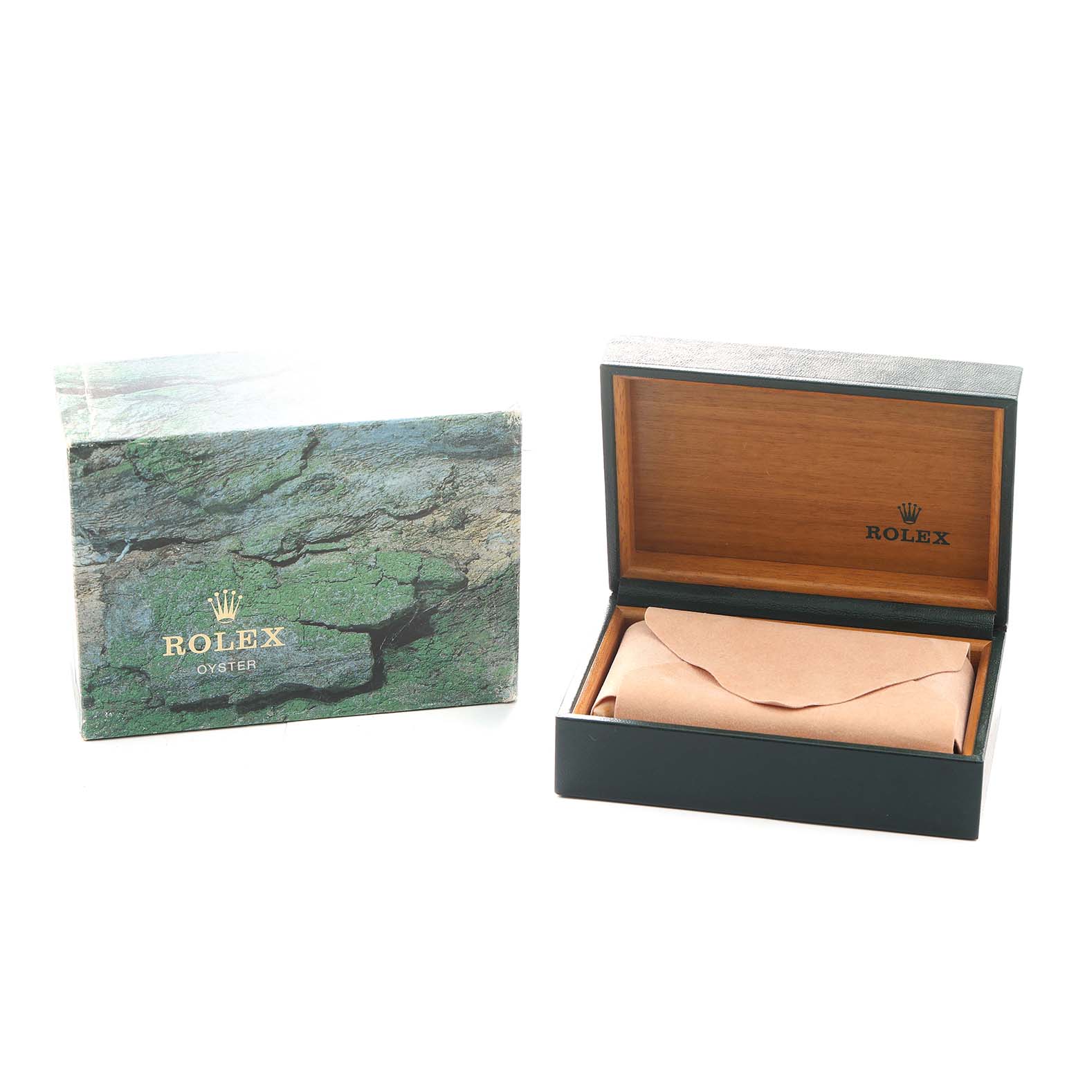 The image shows a Rolex Turn-o-Graph 116264 Men's Stainless Steel Black Dial watch box set from the side, including the outer box and an open wooden interior box.