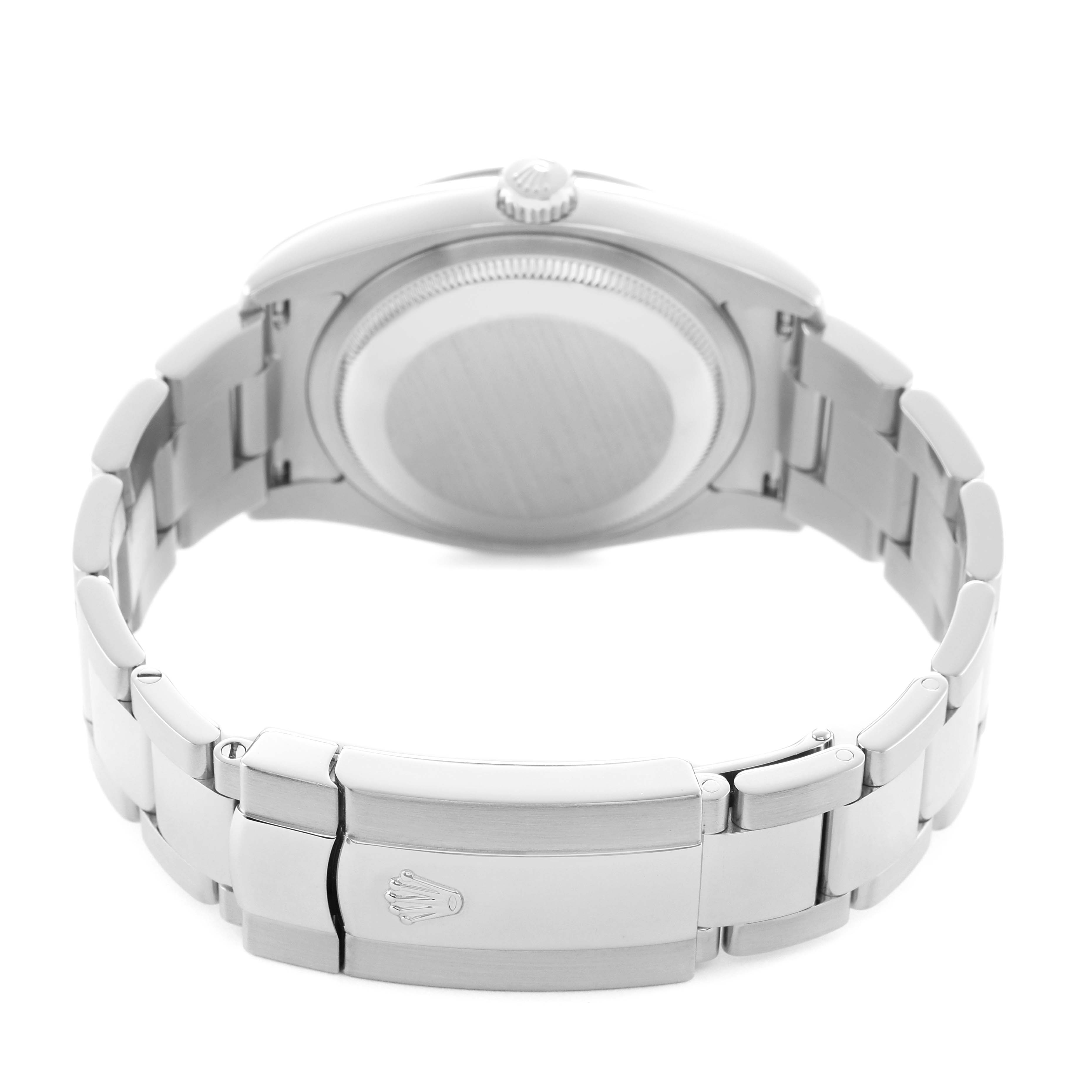 The image shows the Rolex Turn-o-Graph 116264 Men's Stainless Steel Black Dial watch from the back, highlighting the clasp, bracelet, case back, and crown.