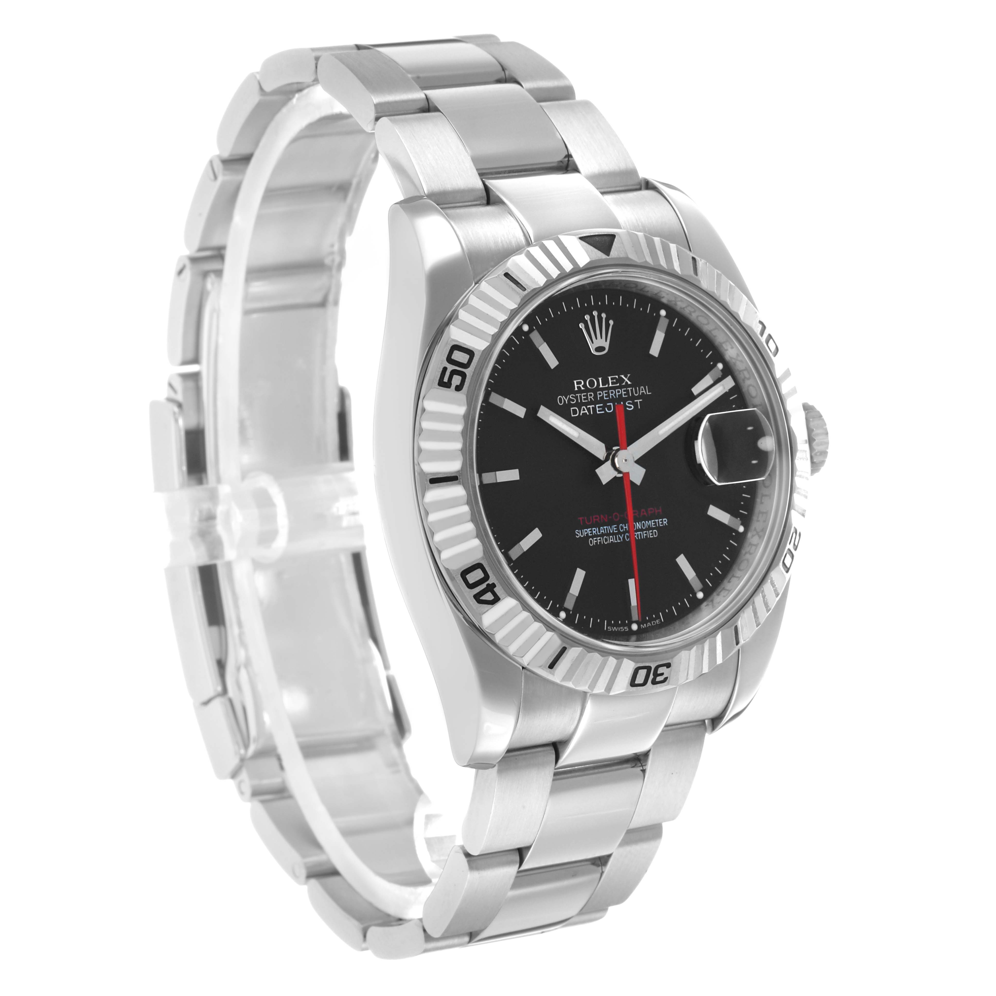 The Rolex Turn-o-Graph 116264 Men's Stainless Steel Black Dial is shown at a slight side angle, highlighting the dial, fluted bezel, and metal bracelet.