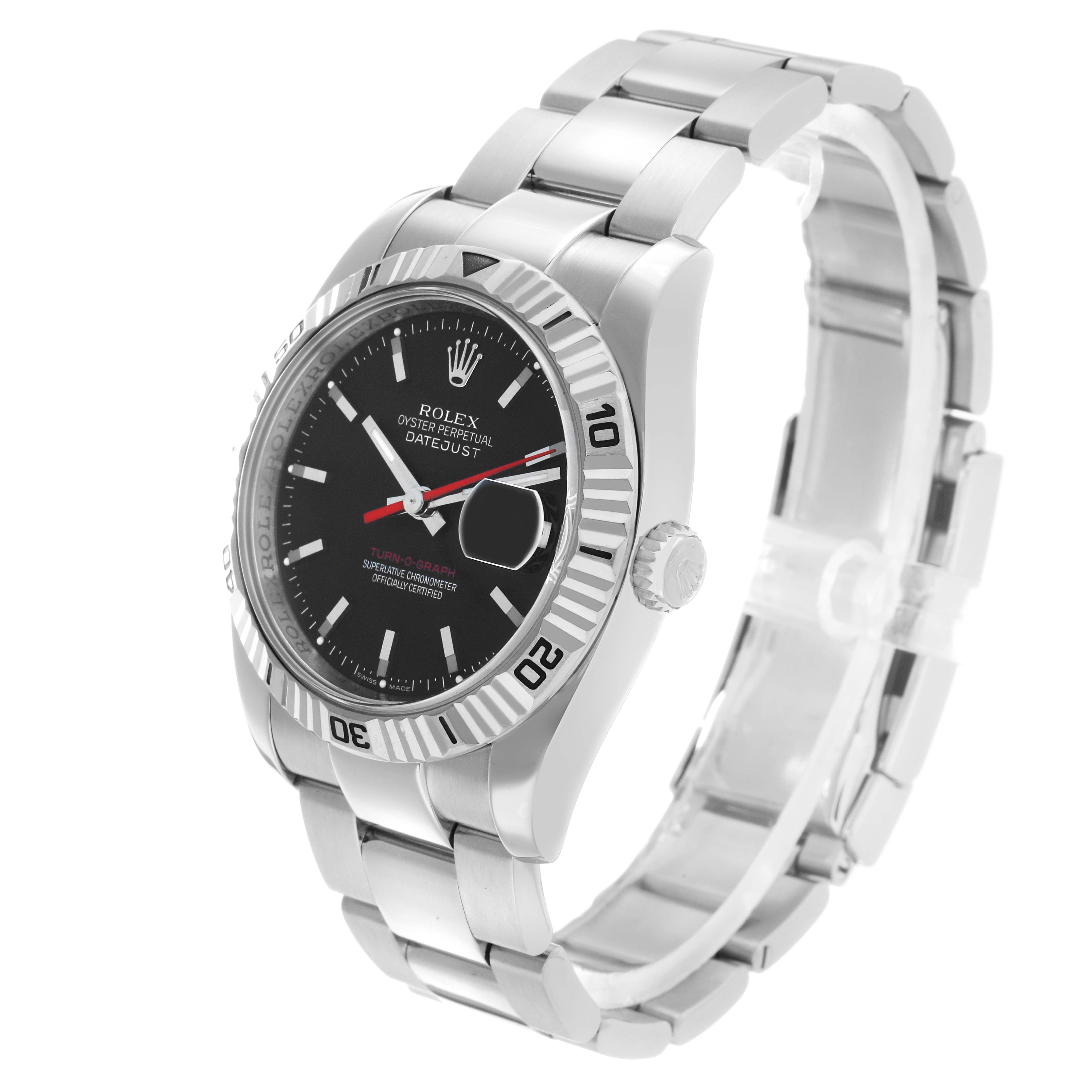 The Rolex Turn-o-Graph 116264 Men's Stainless Steel Black Dial watch is shown from a front angle, revealing its face, bezel, crown, and bracelet.