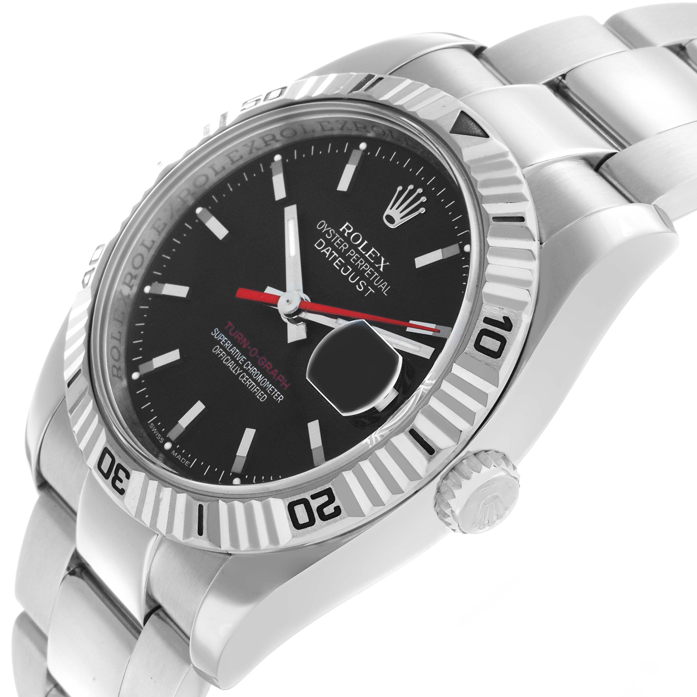 The Rolex Turn-o-Graph 116264 Men's Stainless Steel Black Dial watch is shown at an angle highlighting the bezel, dial, crown, and part of the bracelet.