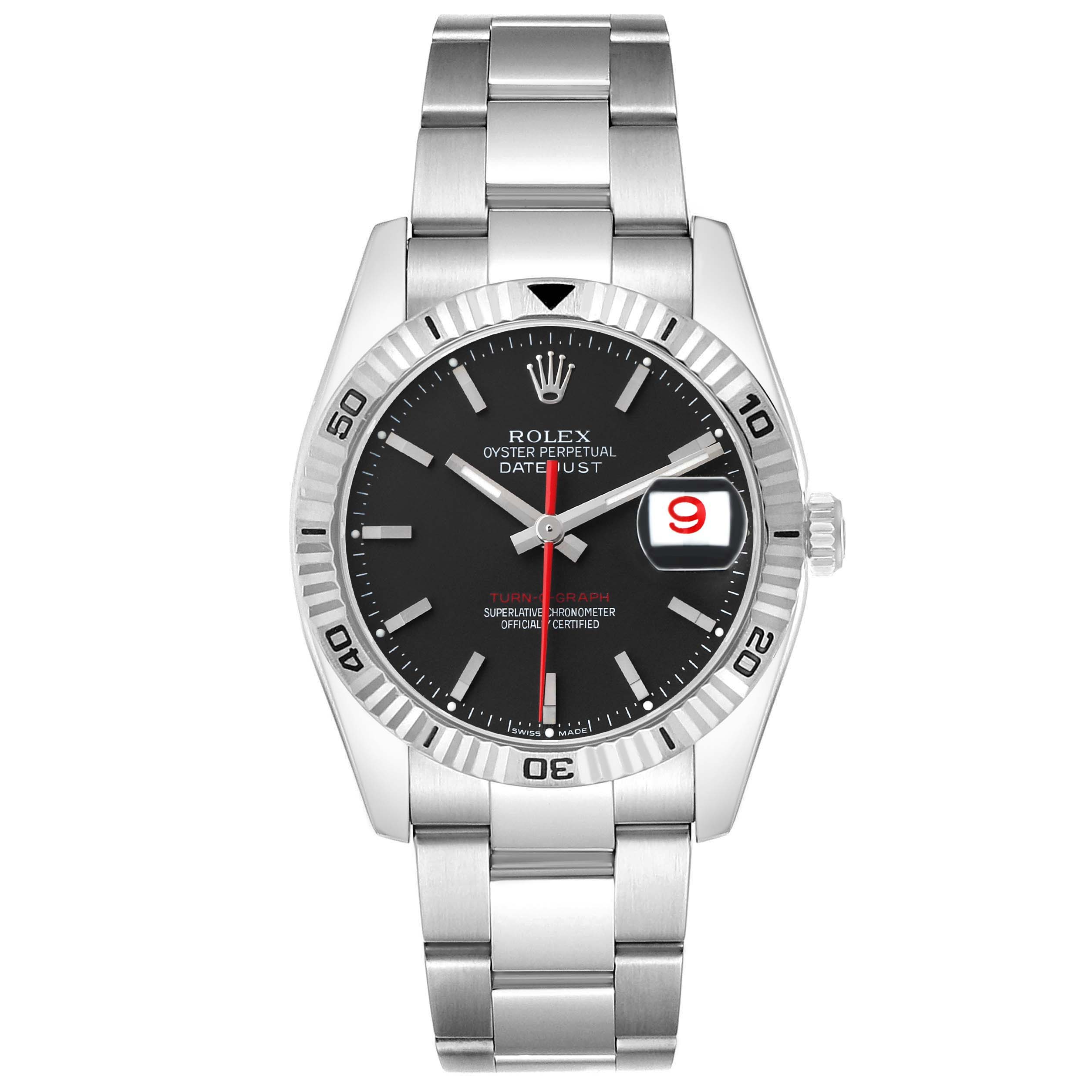 The Rolex Turn-o-Graph 116264 Men's Stainless Steel Black Dial is shown from a front angle, highlighting the dial, bezel, bracelet, and date feature.