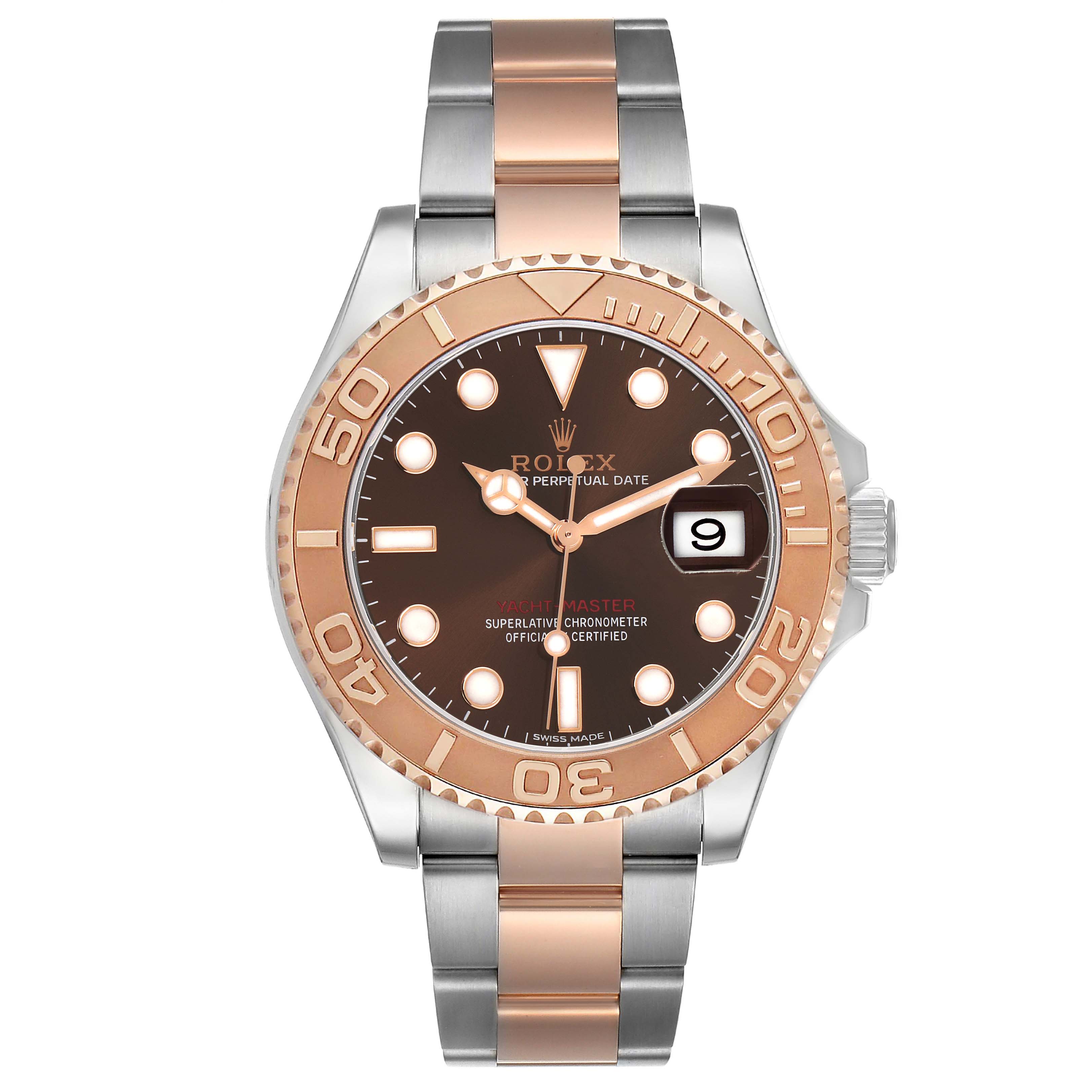 The Rolex Yacht-Master 116621 Men's Steel and Gold (two tone) Brown Dial watch is shown from a front view, displaying the bezel, dial, hands, bracelet, and date window.