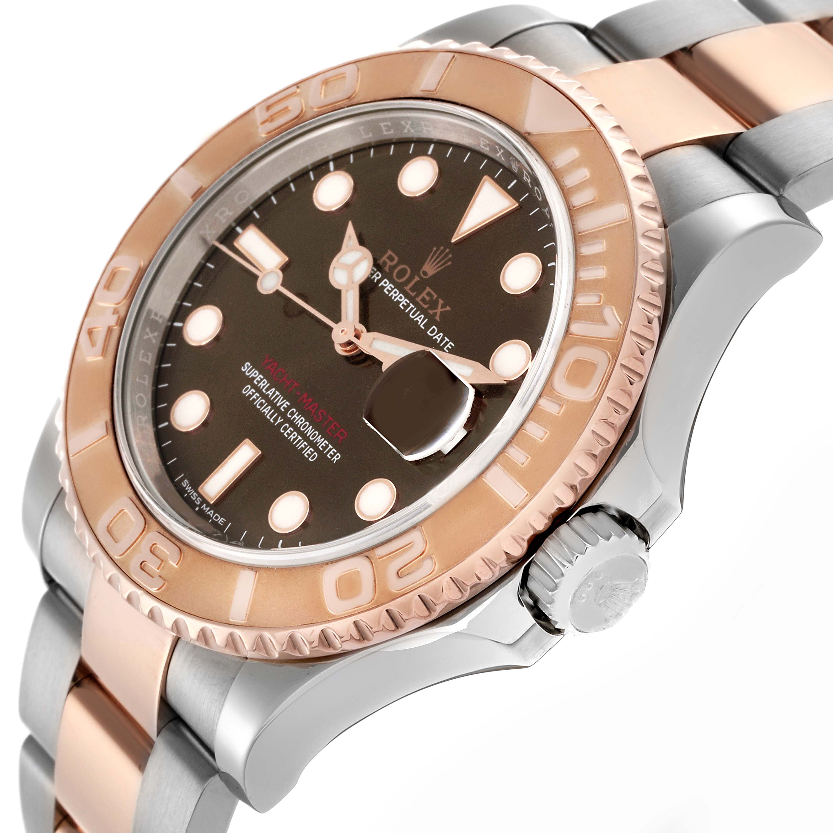 The Rolex Yacht-Master 116621 Men's Steel and Gold (two tone) Brown Dial is shown at an angle highlighting the dial, bezel, crown, and part of the bracelet.