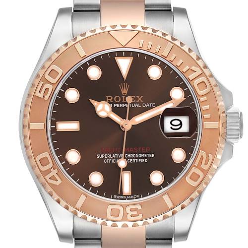 The Rolex Yacht-Master 116621 Men's Steel and Gold (two tone) Brown Dial watch is shown from a front angle, displaying the dial, bezel, crown, and part of the bracelet.