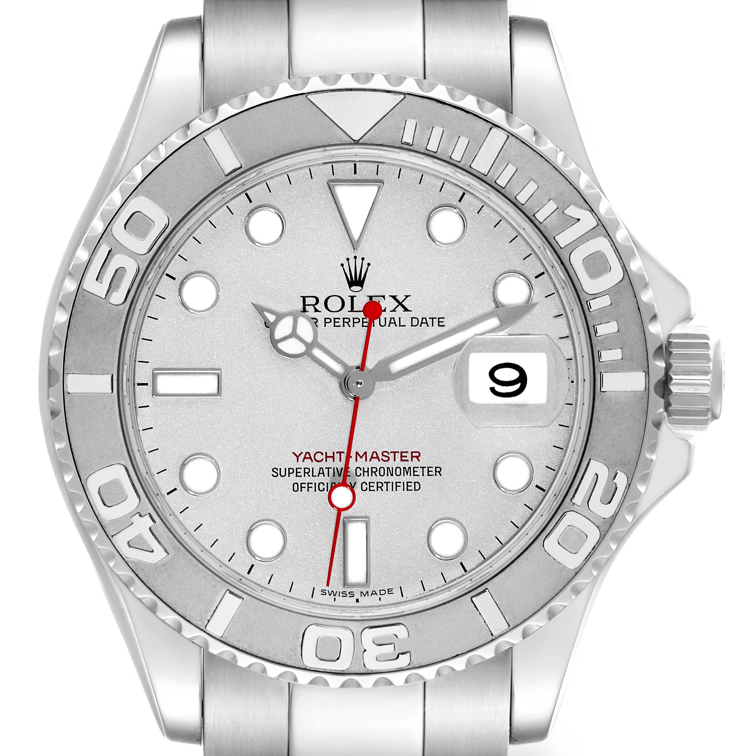 The Rolex Yacht-Master 16622 Men
s Stainless Steel Silver Dial 16622 Men
s Stainless Steel Silver Dial watch is shown from the front, displaying the dial, bezel, and crown.