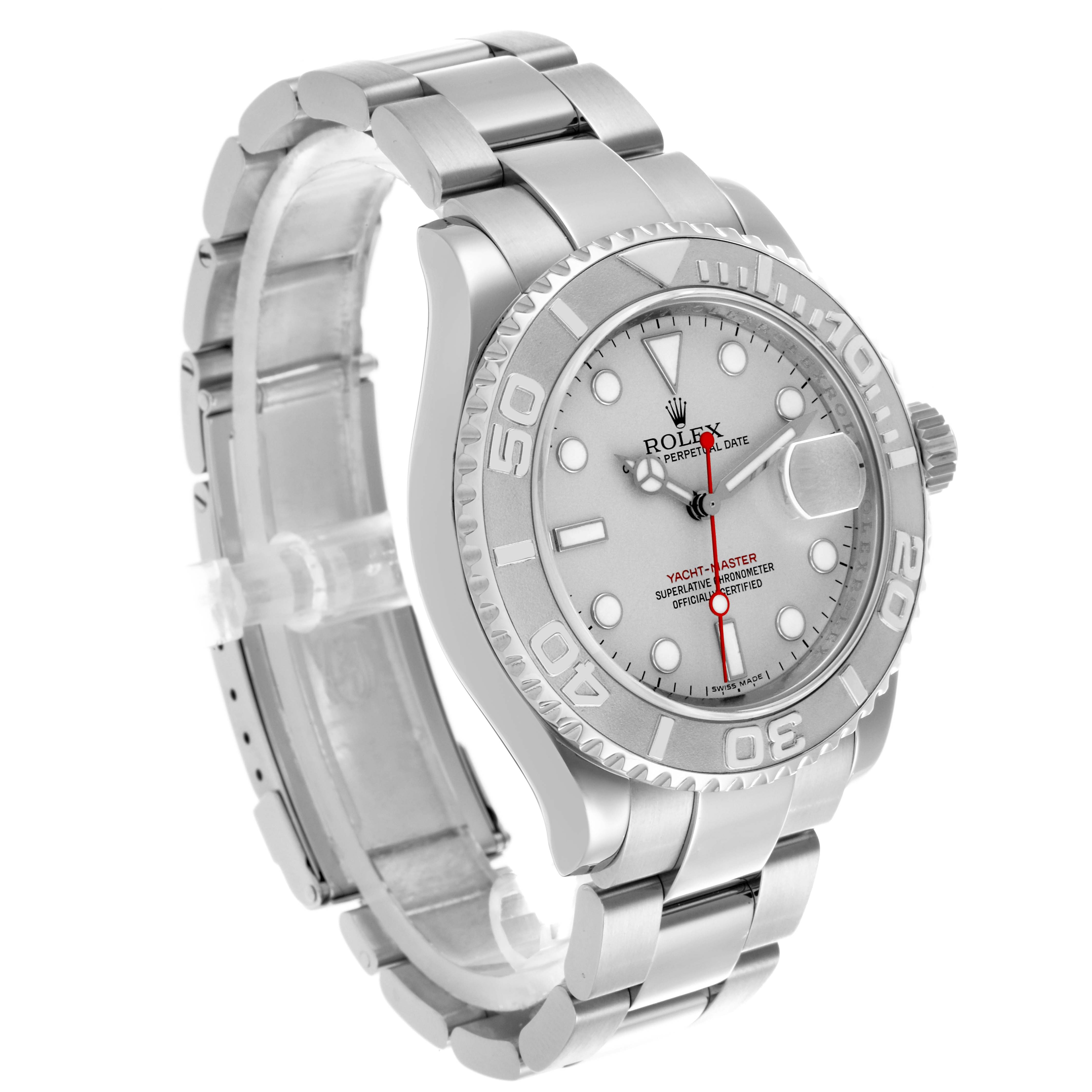 The Rolex Yacht-Master 16622 Men
s Stainless Steel Silver Dial 16622 Men
s Stainless Steel Silver Dial watch is shown from a front and slightly angled left view, displaying the face, bezel, and bracelet.