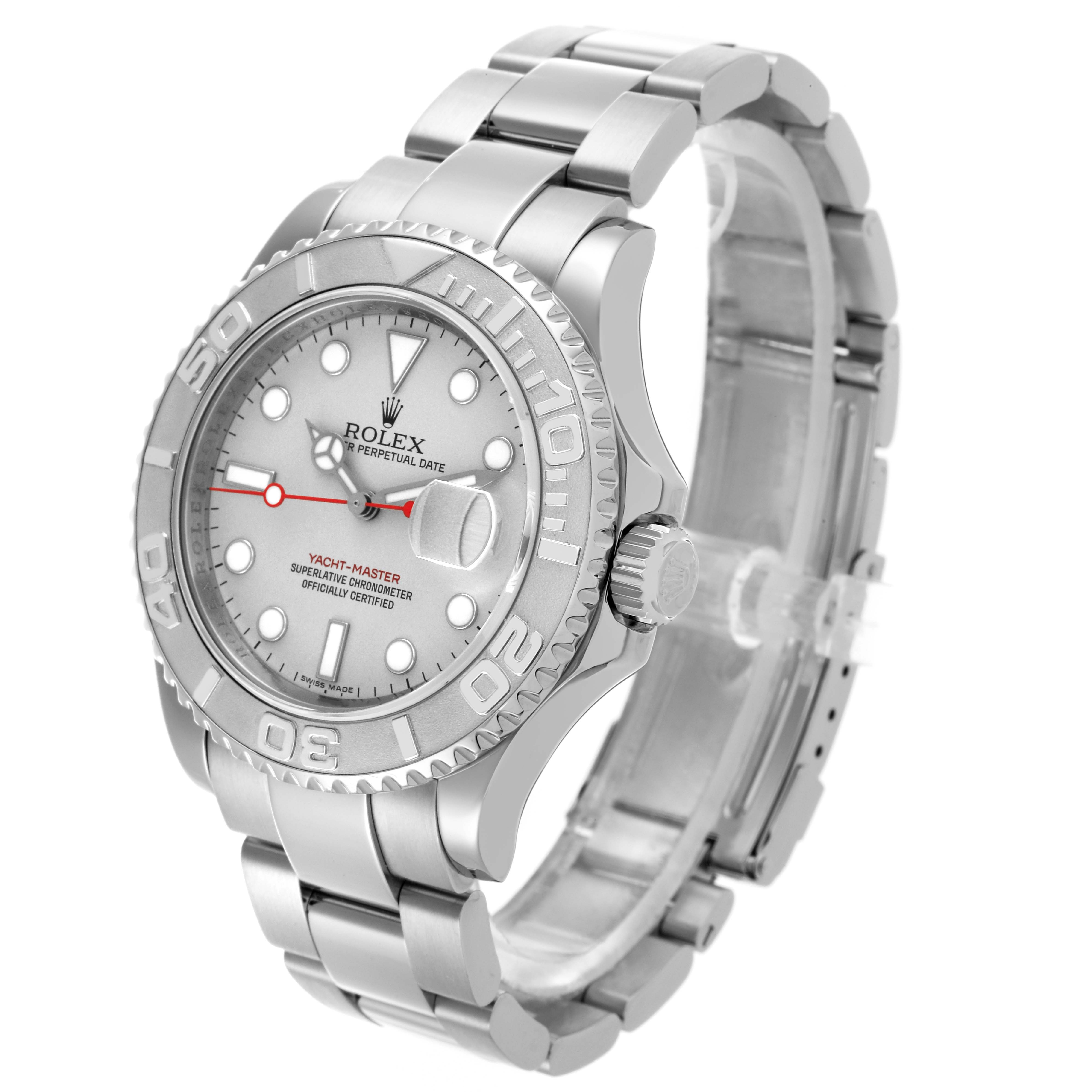 The Rolex Yacht-Master 16622 Men
s Stainless Steel Silver Dial 16622 Men
s Stainless Steel Silver Dial watch is shown at a three-quarter angle, displaying the bezel, dial, and bracelet.