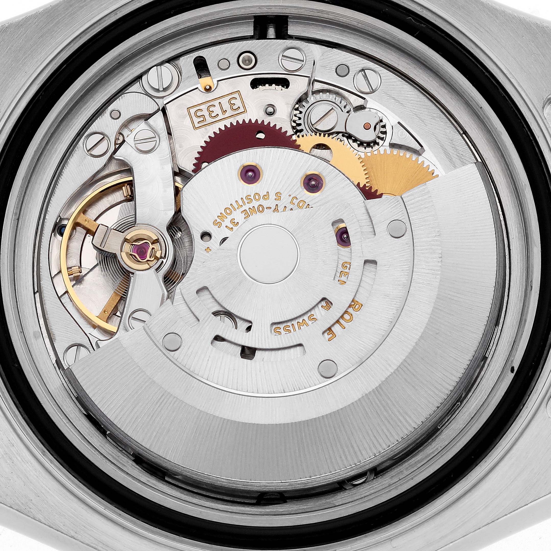 The image shows the internal movement mechanism of a Rolex Yacht-Master 16622 Men
s Stainless Steel Silver Dial 16622 Men
s Stainless Steel Silver Dial watch at a close-up angle.