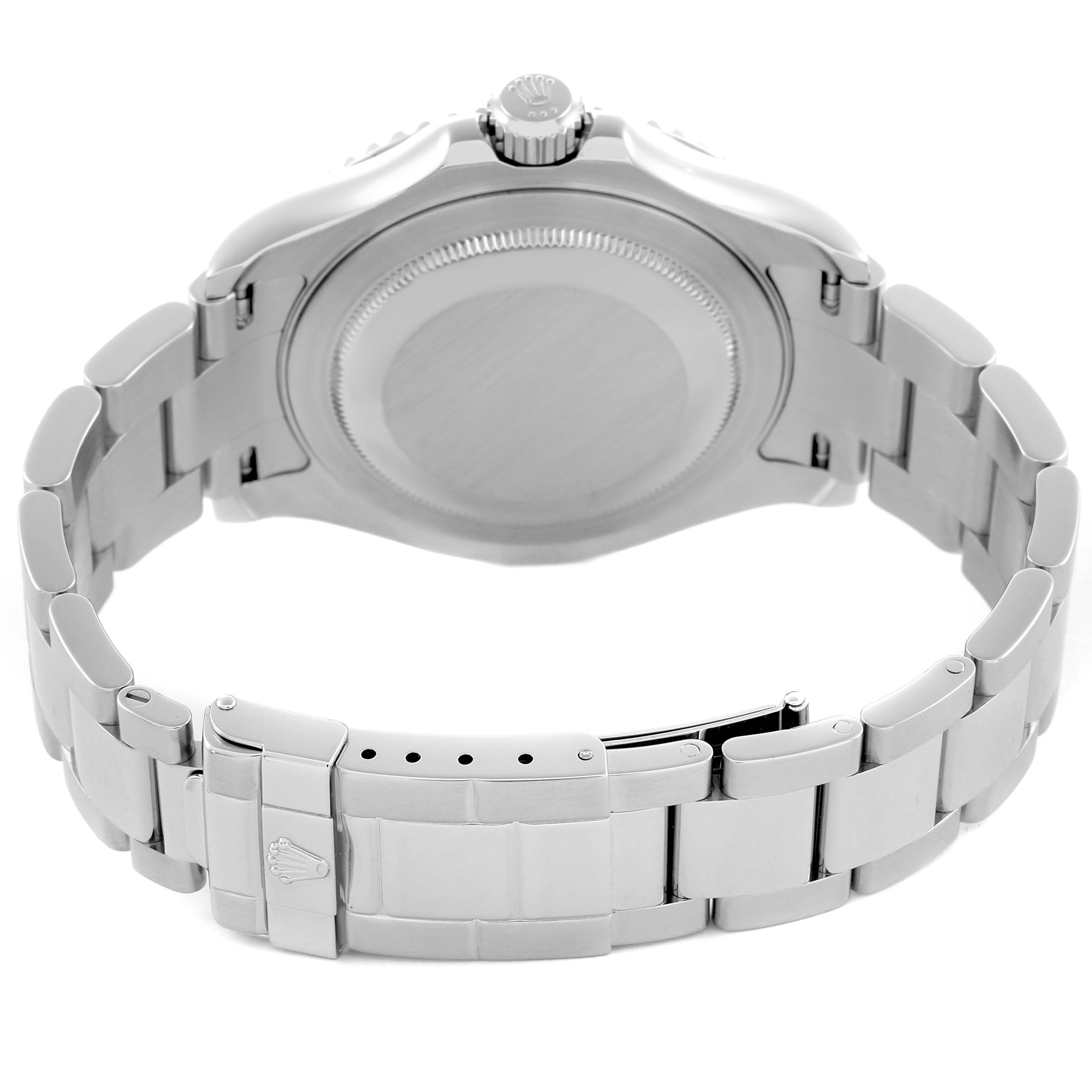 The Yacht-Master by Rolex is shown from the back, displaying the case back and bracelet clasp.