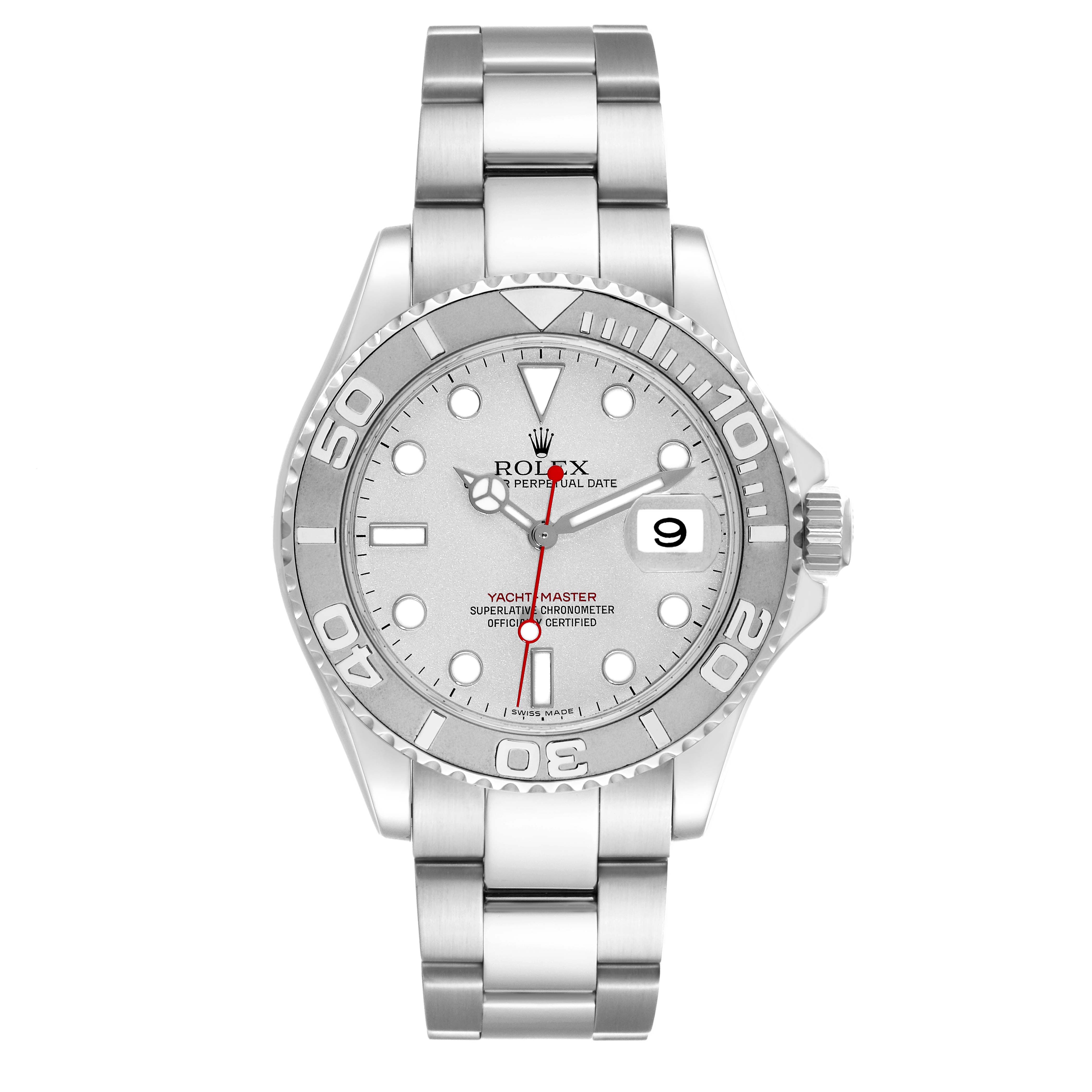 The Rolex Yacht-Master 16622 Men
s Stainless Steel Silver Dial 16622 Men
s Stainless Steel Silver Dial watch is shown from a front angle, highlighting the dial, bezel, and metal bracelet.
